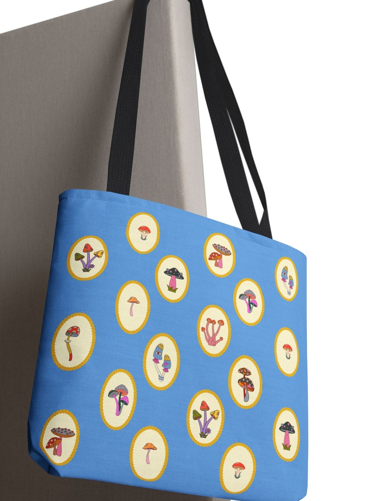 Princess Amanita Mushroom Scrapbook Vintage Style Tote Bag — Cute Blue AOP Mushroom Pattern Tote