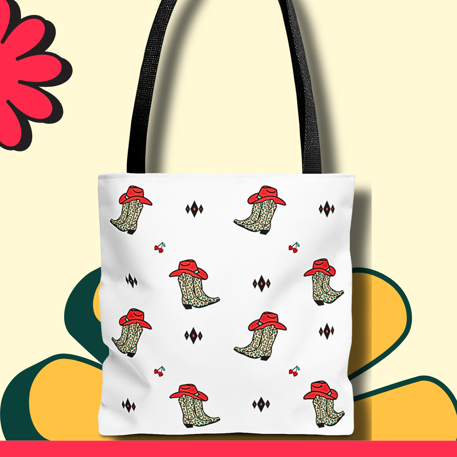 Cowboy Boot Cherry Heart Pattern Tote Bag | Cowgirl Red Hat Southwestern Print