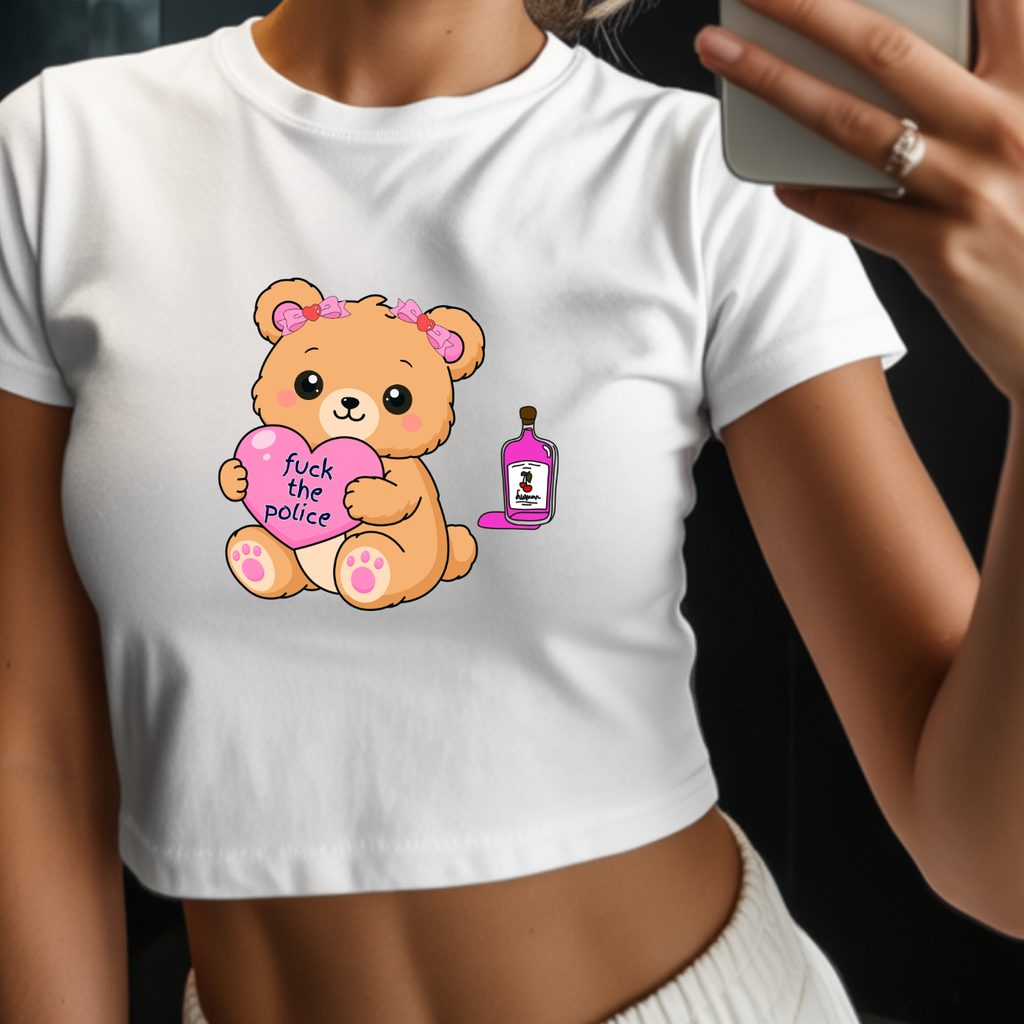 Funny Bear 'Fuck the Police' Love Hearts Crop Tee