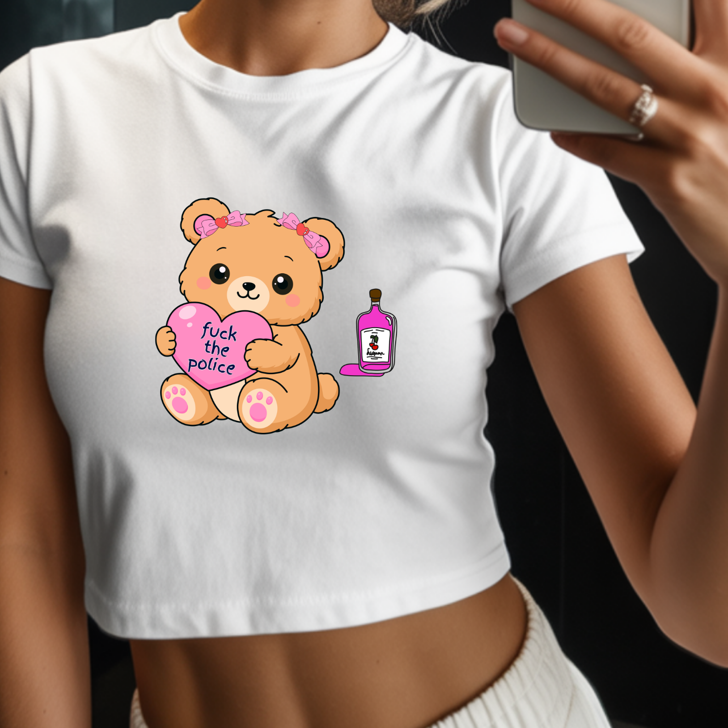 Funny Bear 'Fuck the Police' Love Hearts Crop Tee