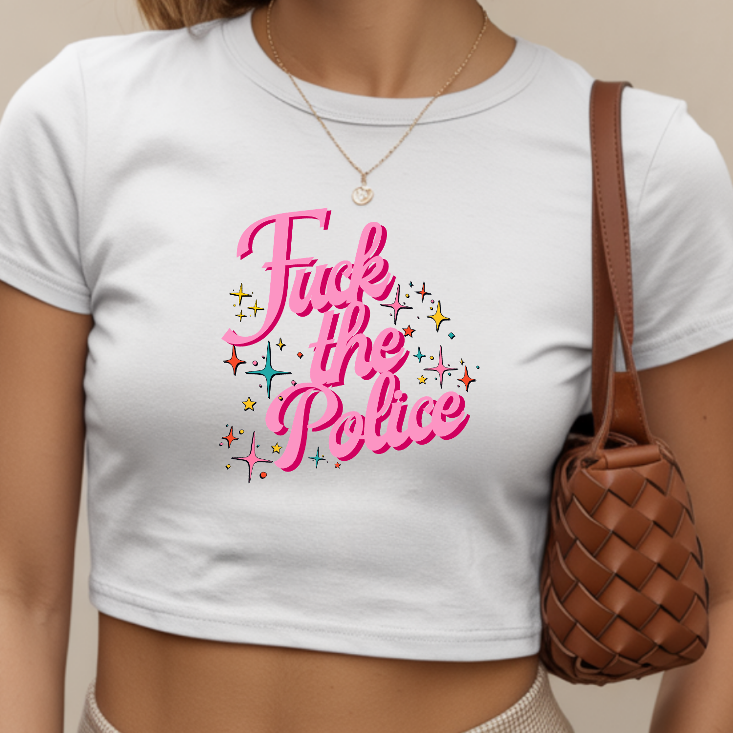 Fuck the Police Crop Tee | Pink Retro Script Protest Graphic