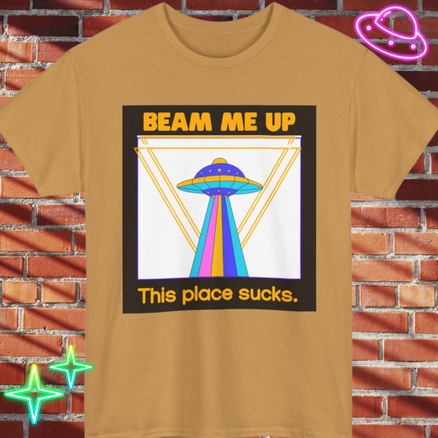 Beam Me Up Funny UFO T-Shirt — Colorful Alien Sarcasm Tee