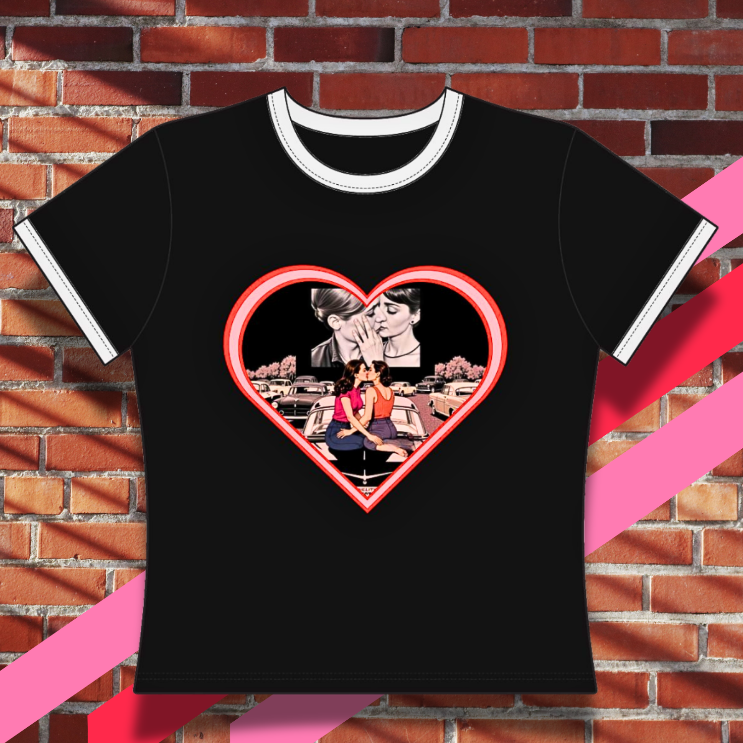 Retro Drive-In Movie Kiss Women's Ringer Tee — Romantic Heart-Shaped Couple Design
