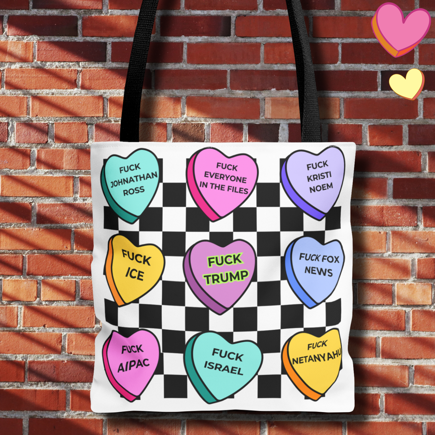 Political Statement Tote Bag  Checkerboard Candy Hearts with Adult Slogans