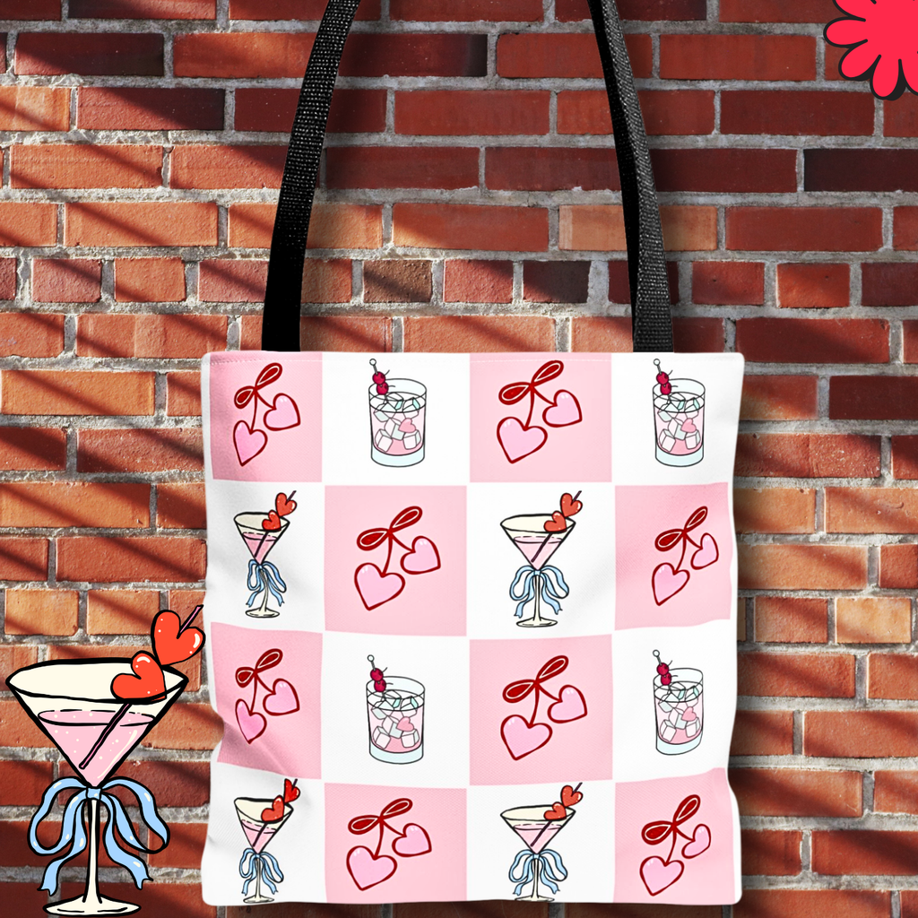 Valentine Cocktail Tote Bag – Pink Heart & Cherry Martinis AOP Tote