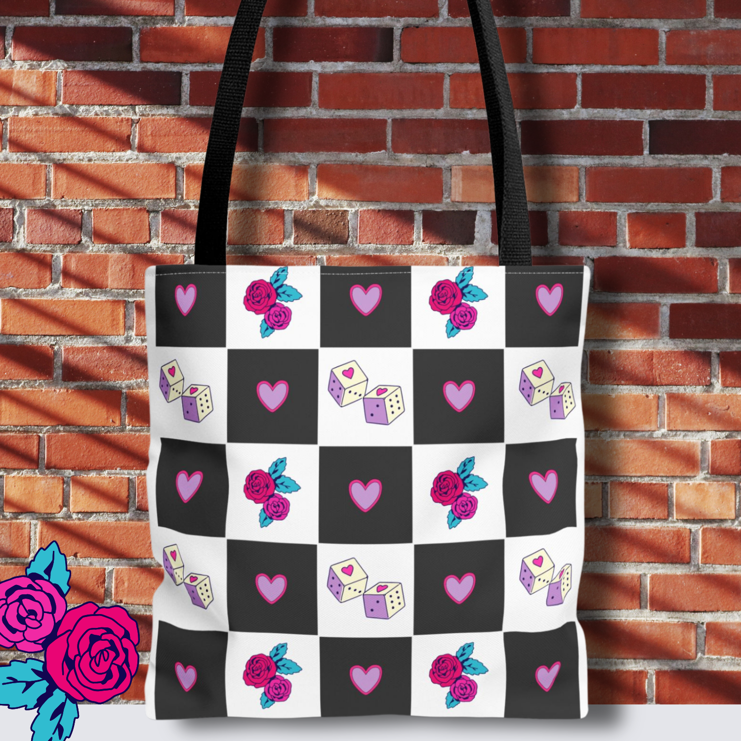 Femme Punk Checkerboard Love Tote Bag — Hearts, Roses & Enamel Pin Pattern