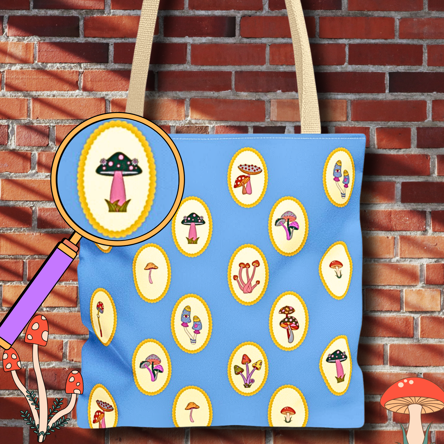 Princess Amanita Mushroom Scrapbook Vintage Style Tote Bag — Cute Blue AOP Mushroom Pattern Tote