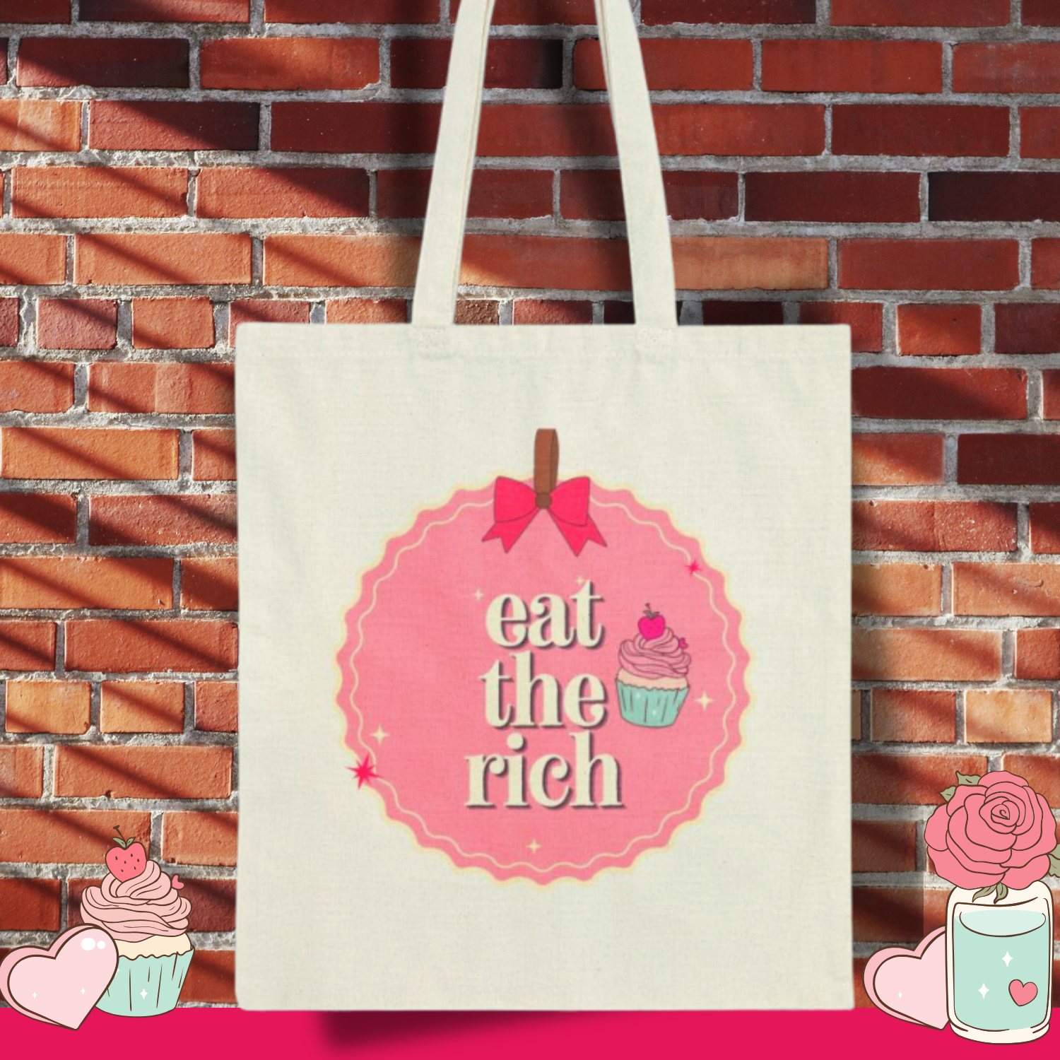 Eat the Rich Coquette Pink Pastry Cupcake Cotton Canvas Tote Bag
