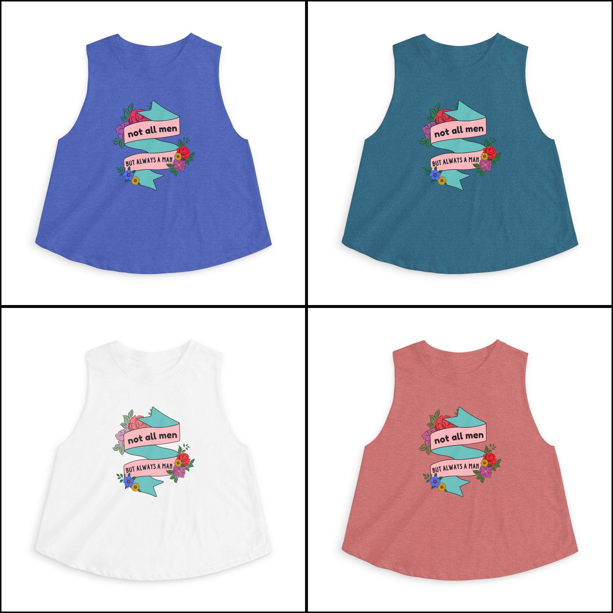 'Not All Men' Feminist Floral Tattoo Banner Crop Top Tee