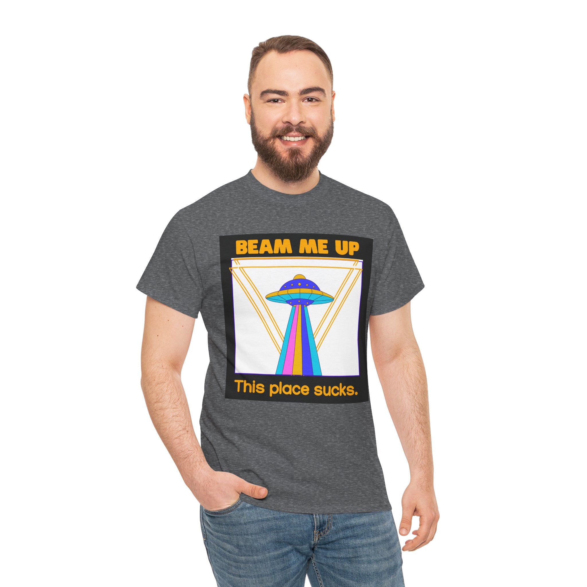 Beam Me Up Funny UFO T-Shirt — Colorful Alien Sarcasm Tee