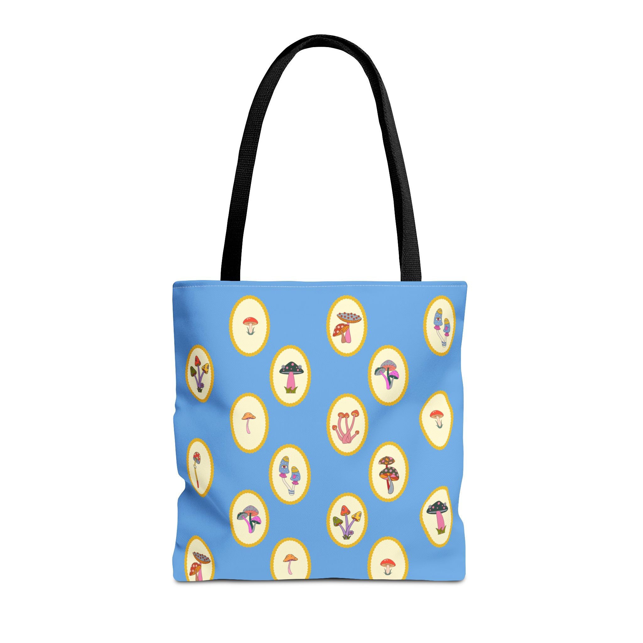 Princess Amanita Mushroom Scrapbook Vintage Style Tote Bag — Cute Blue AOP Mushroom Pattern Tote
