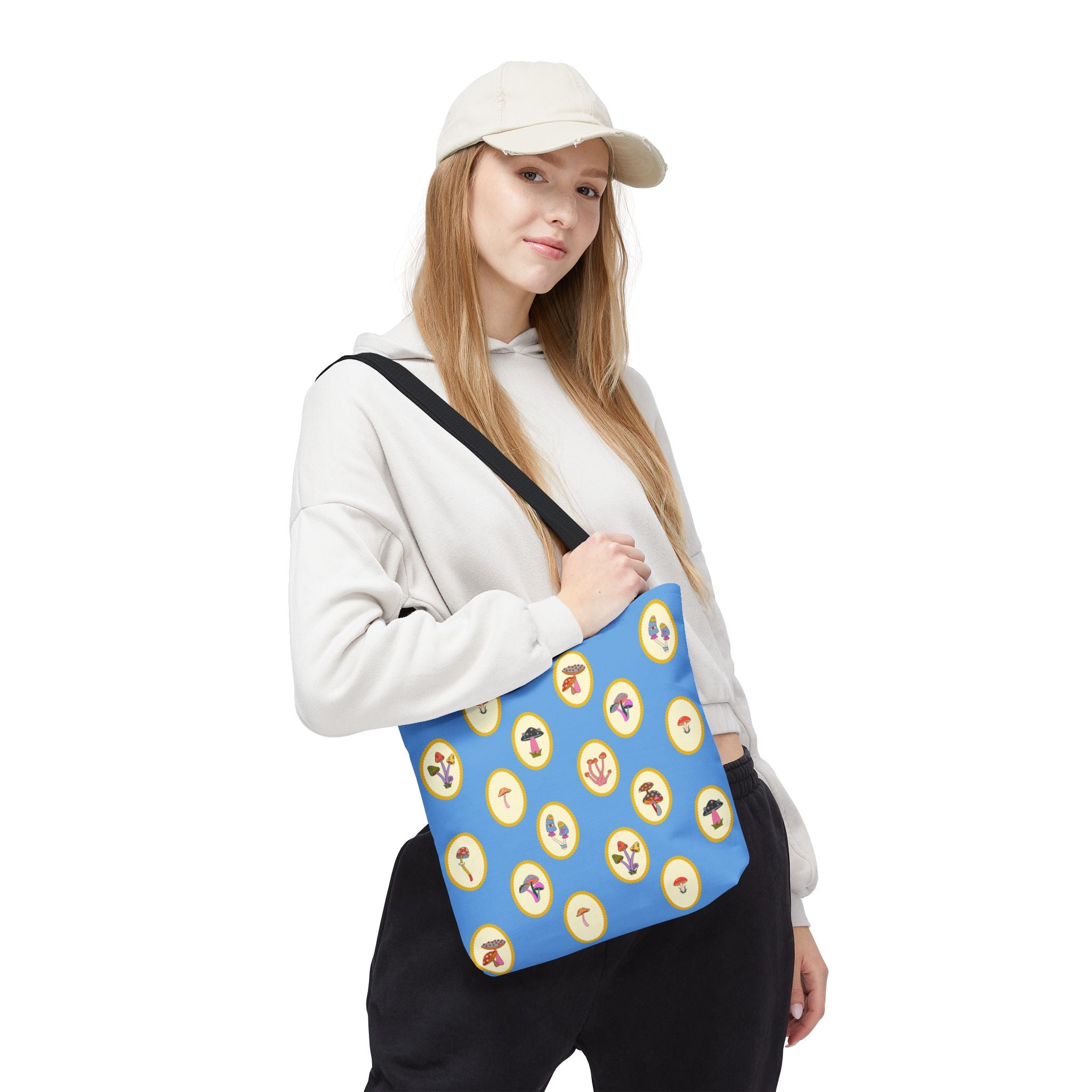 Princess Amanita Mushroom Scrapbook Vintage Style Tote Bag — Cute Blue AOP Mushroom Pattern Tote