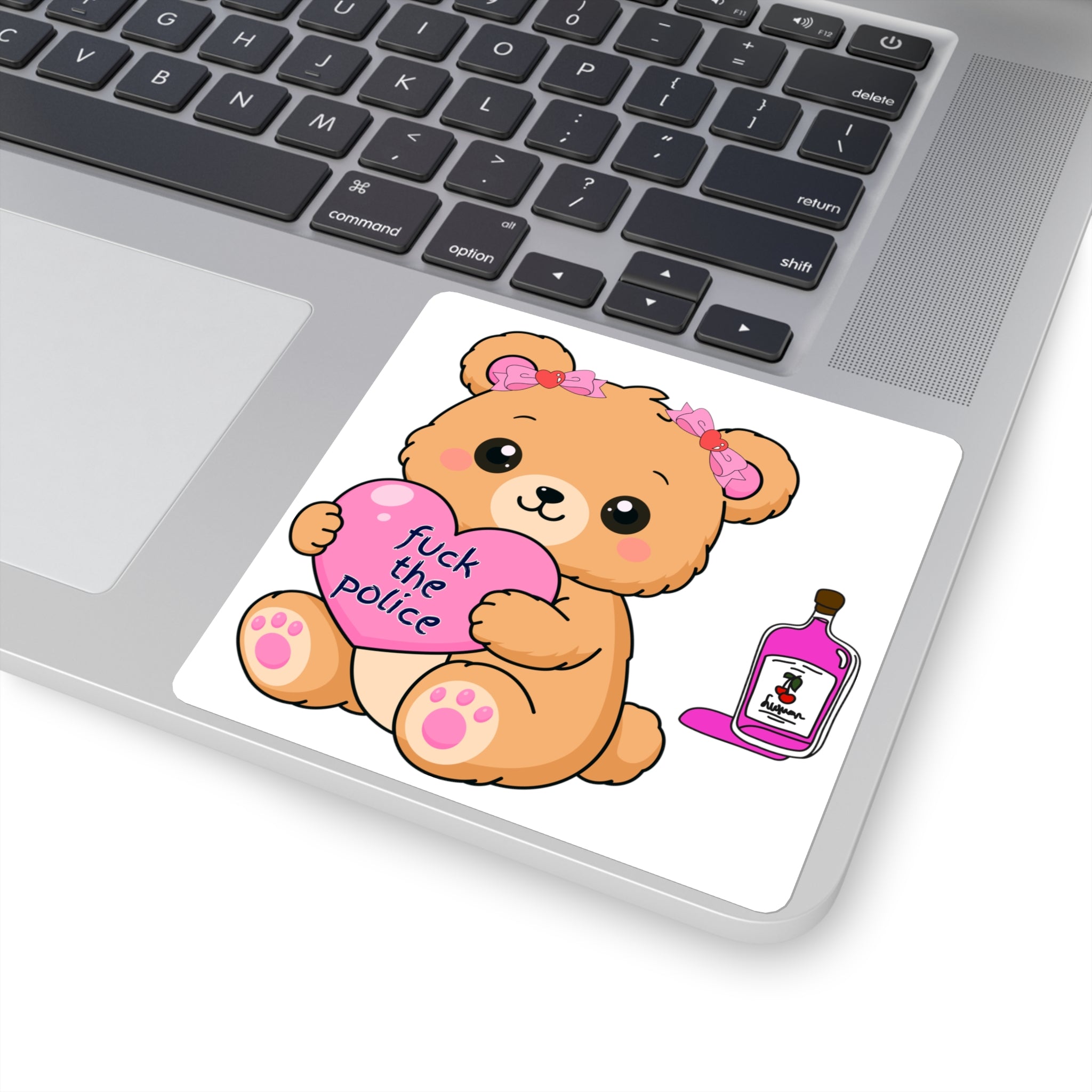Cute Bear Holding "Fuck the Police" Heart Square Sticker.