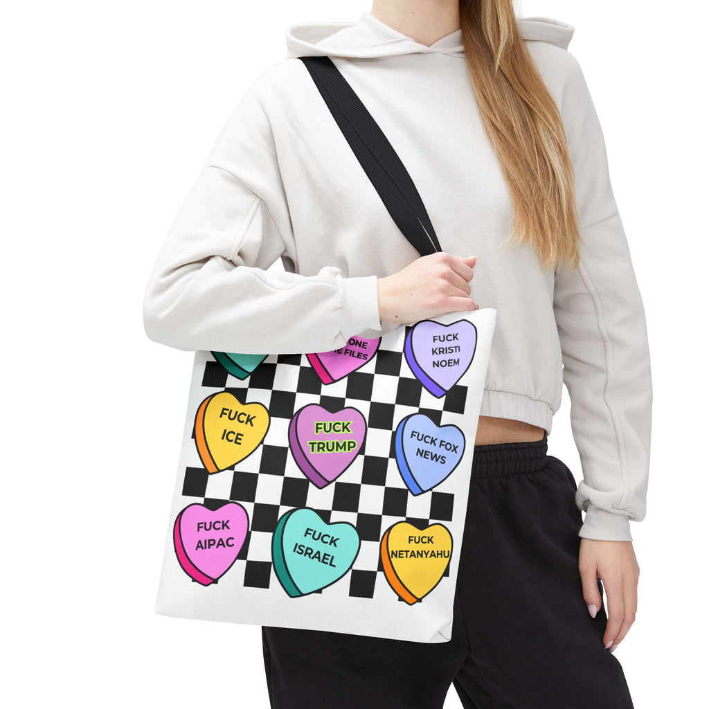 Political Statement Tote Bag  Checkerboard Candy Hearts with Adult Slogans