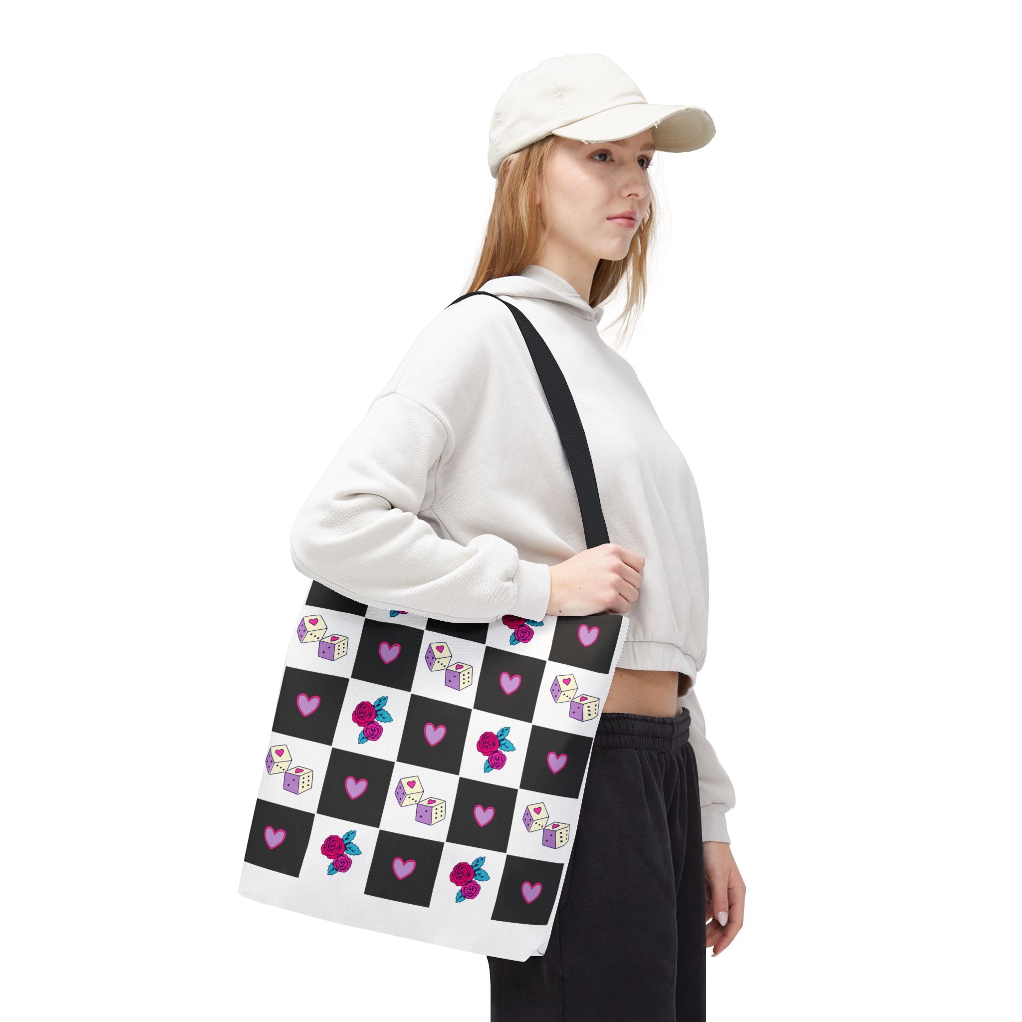 Femme Punk Checkerboard Love Tote Bag — Hearts, Roses & Enamel Pin Pattern