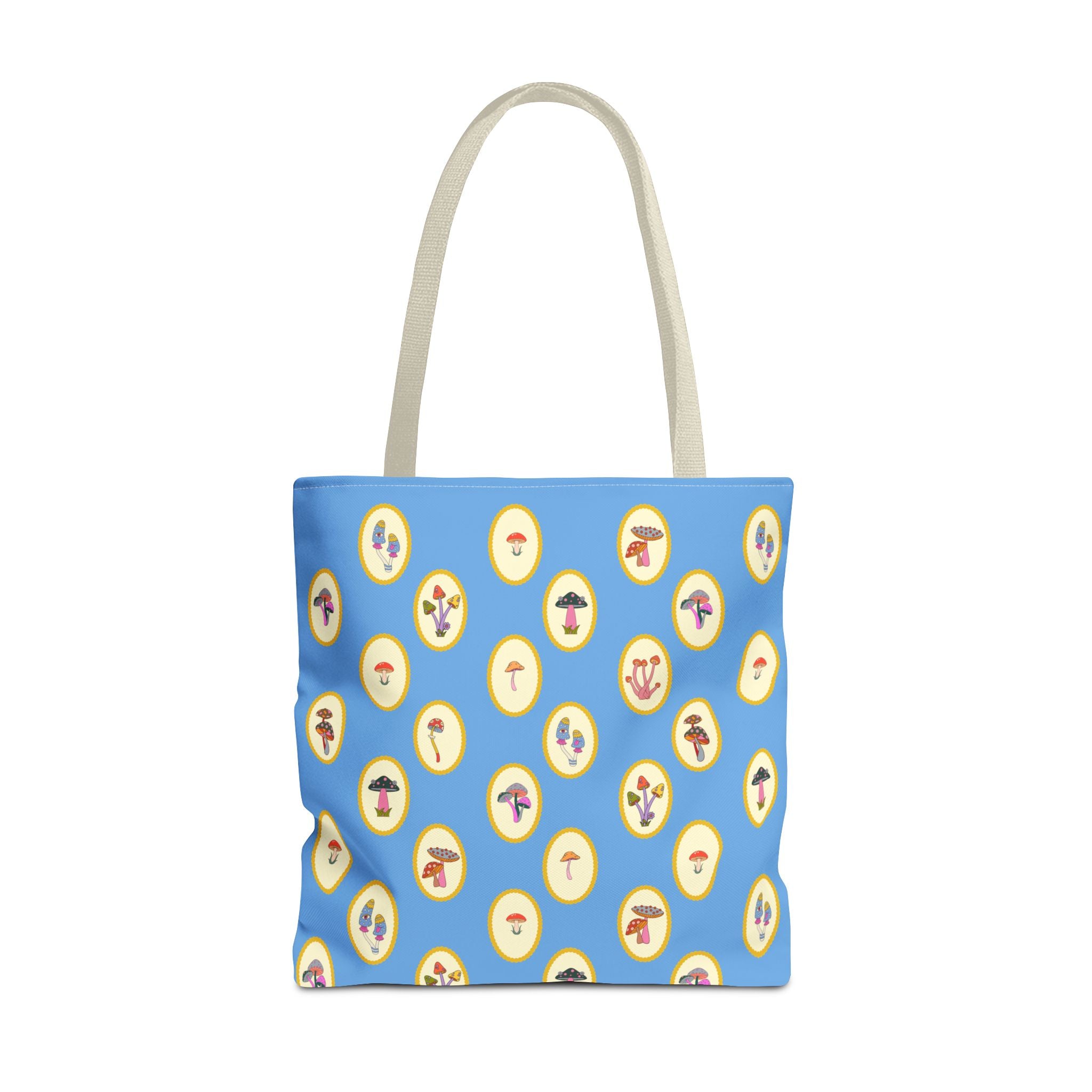 Princess Amanita Mushroom Scrapbook Vintage Style Tote Bag — Cute Blue AOP Mushroom Pattern Tote