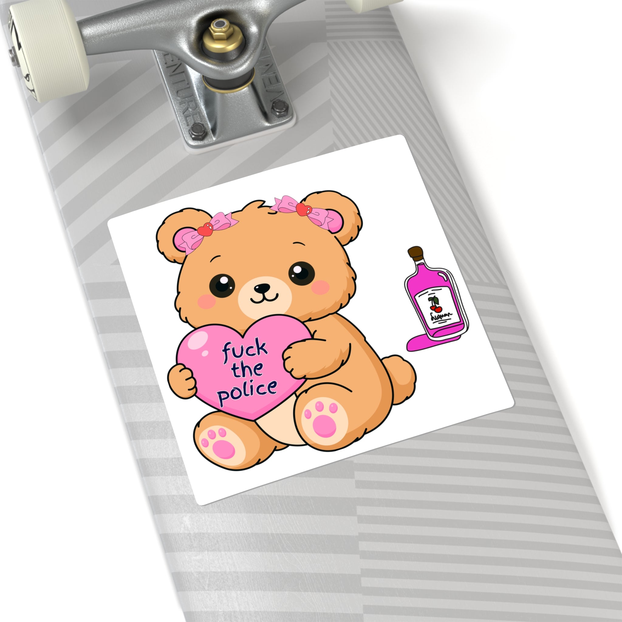 Cute Bear Holding "Fuck the Police" Heart Square Sticker.