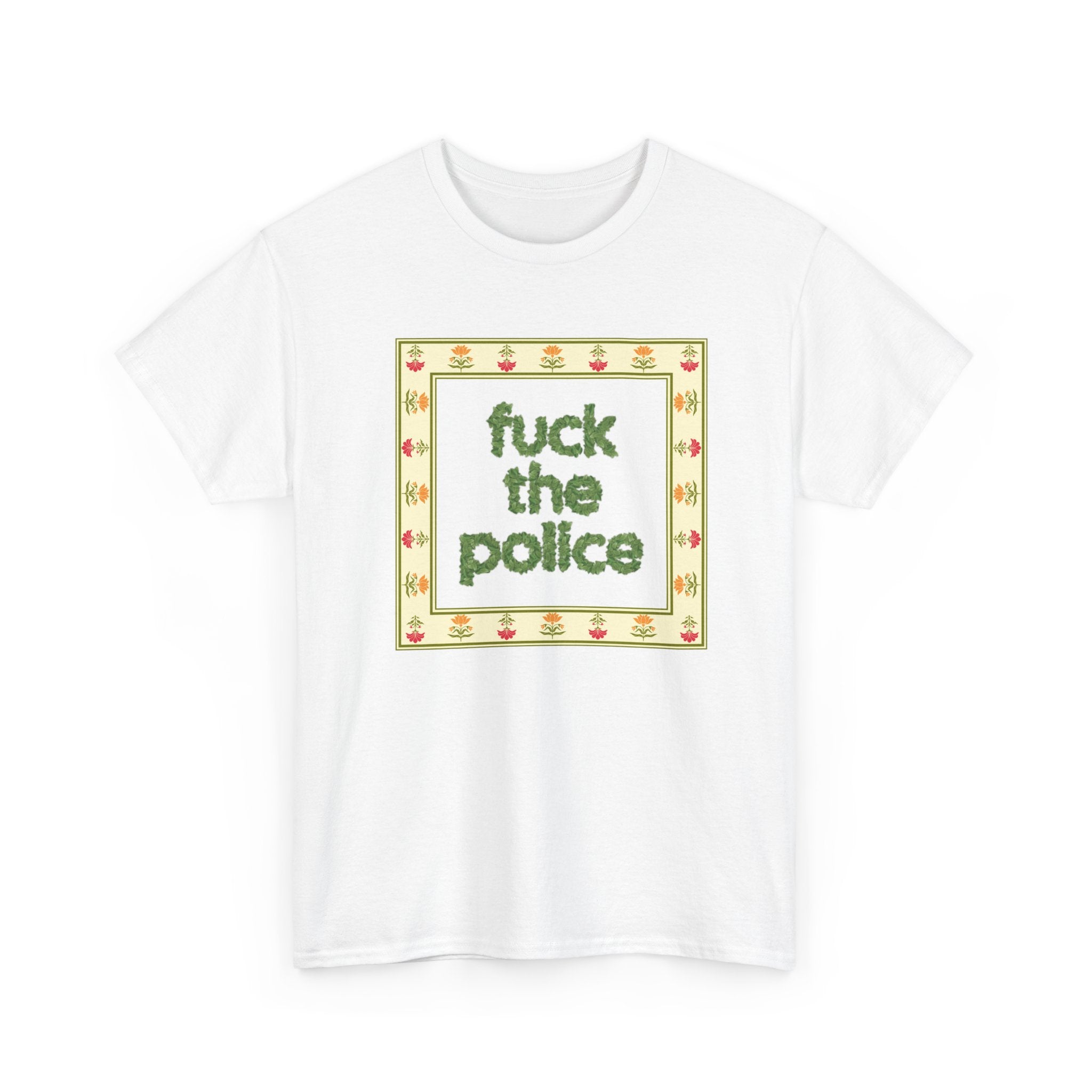 Fuck the Police Provocative Statement Tee —  Floral Cross-Stitch Style T-Shirt