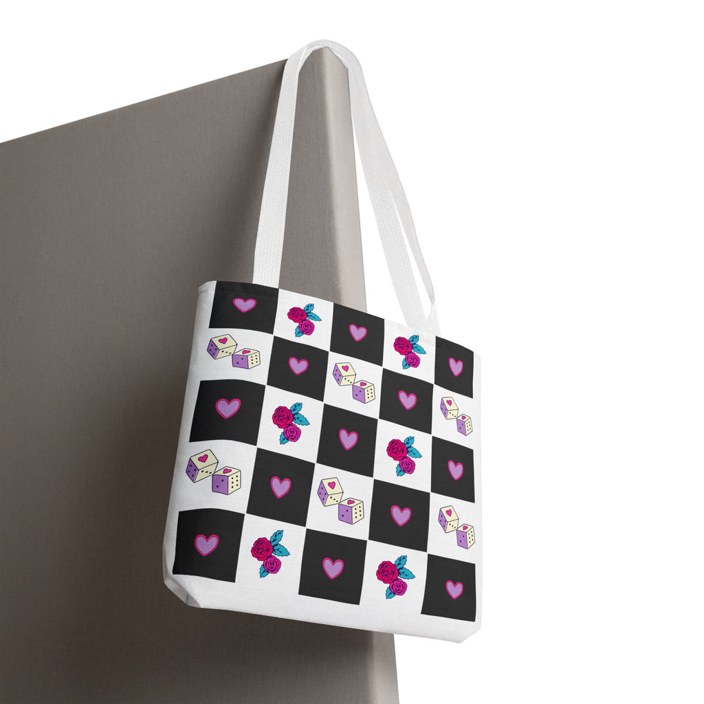 Femme Punk Checkerboard Love Tote Bag — Hearts, Roses & Enamel Pin Pattern