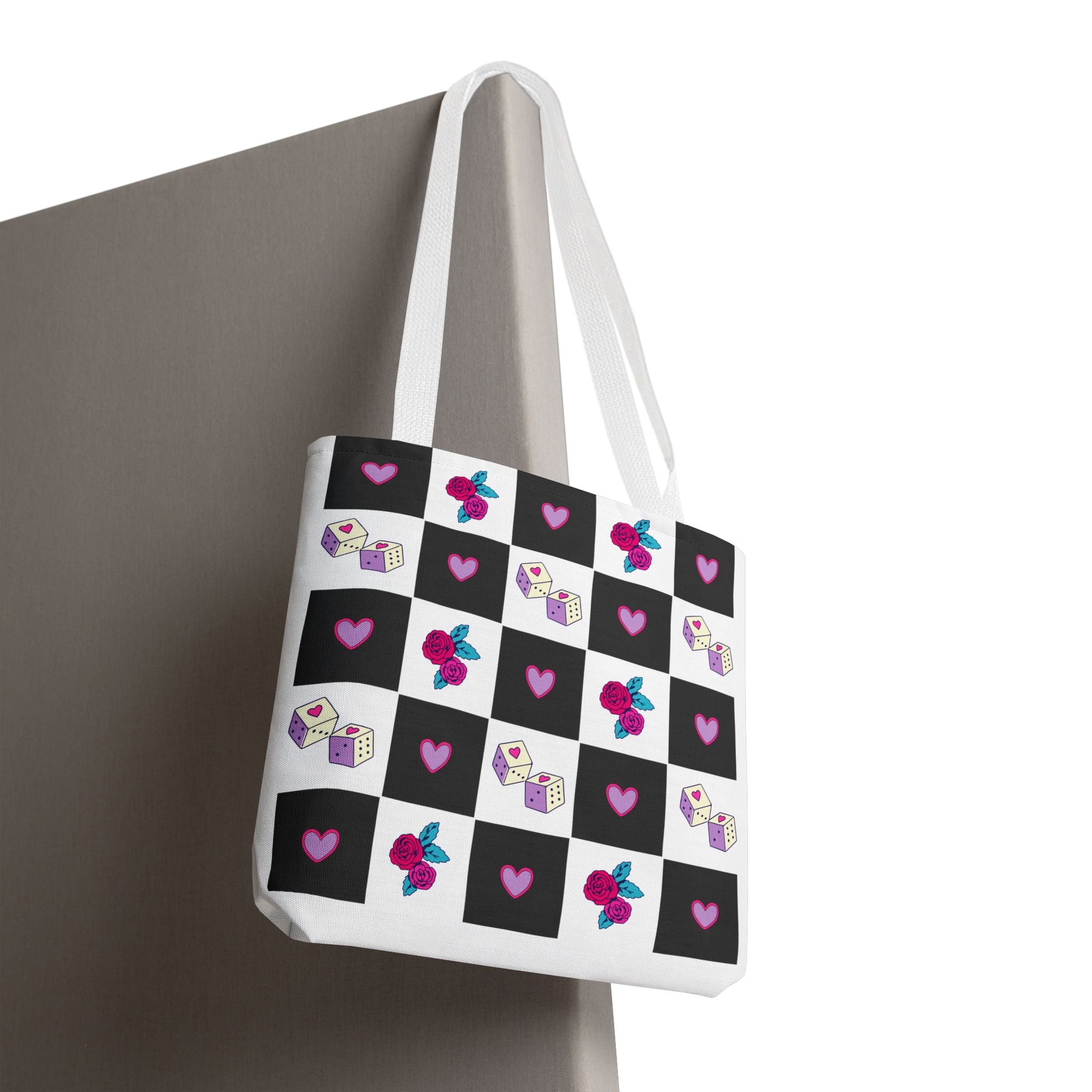Femme Punk Checkerboard Love Tote Bag — Hearts, Roses & Enamel Pin Pattern