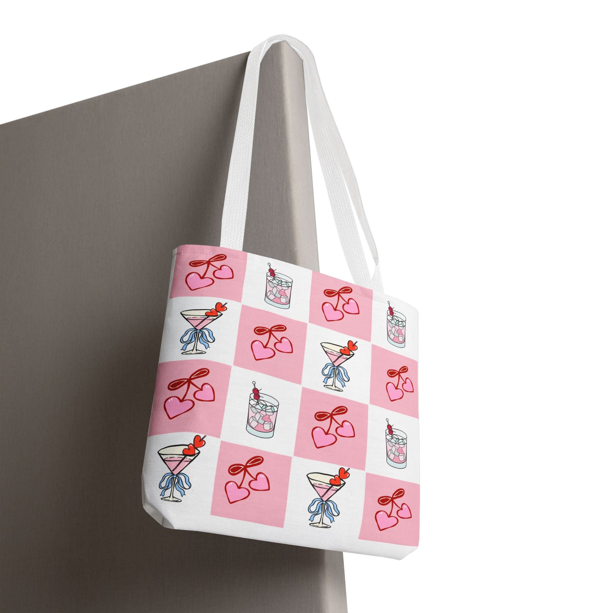 Valentine Cocktail Tote Bag – Pink Heart & Cherry Martinis AOP Tote