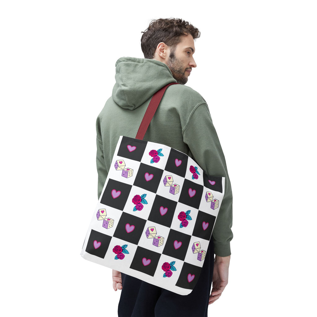 Femme Punk Checkerboard Love Tote Bag — Hearts, Roses & Enamel Pin Pattern