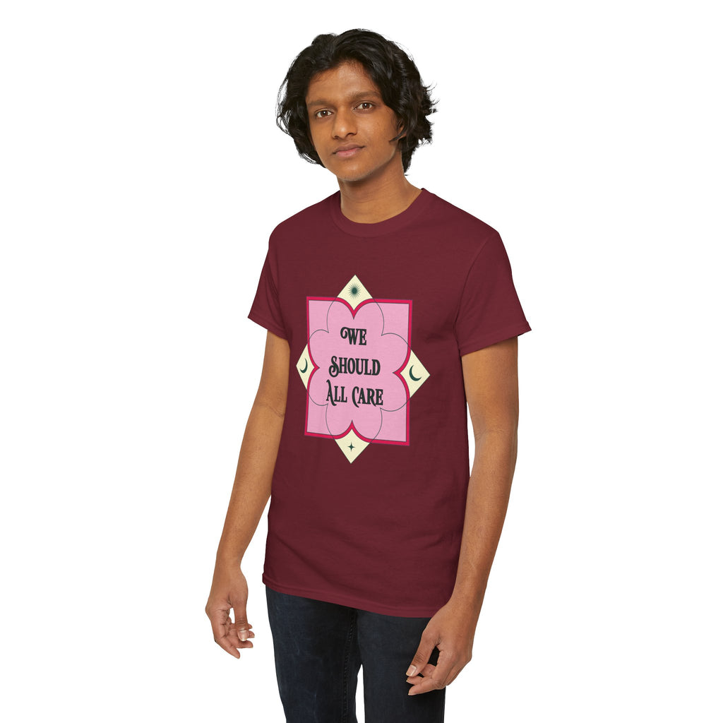 We Should All Care T-Shirt — Pink Floral Compassion Graphic Tee