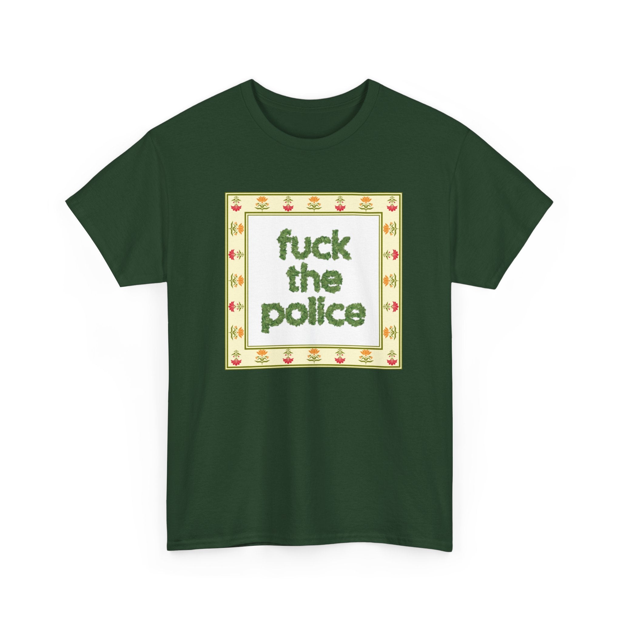 Fuck the Police Provocative Statement Tee —  Floral Cross-Stitch Style T-Shirt