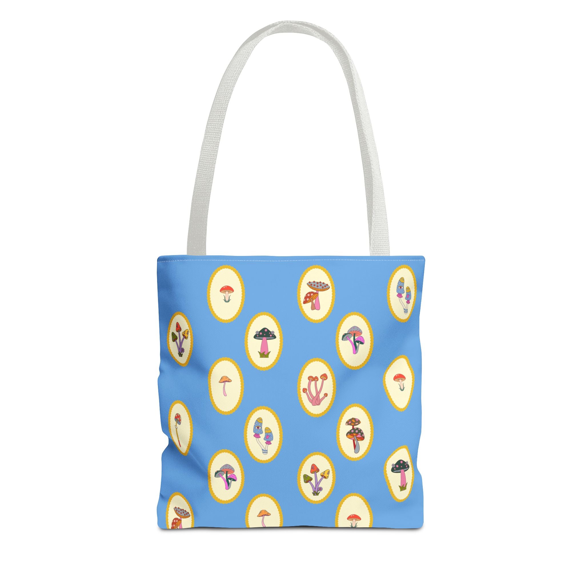 Princess Amanita Mushroom Scrapbook Vintage Style Tote Bag — Cute Blue AOP Mushroom Pattern Tote