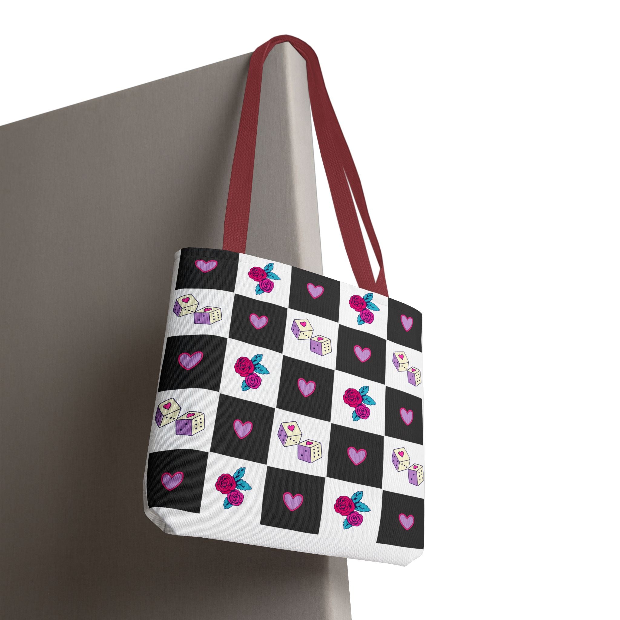 Femme Punk Checkerboard Love Tote Bag — Hearts, Roses & Enamel Pin Pattern