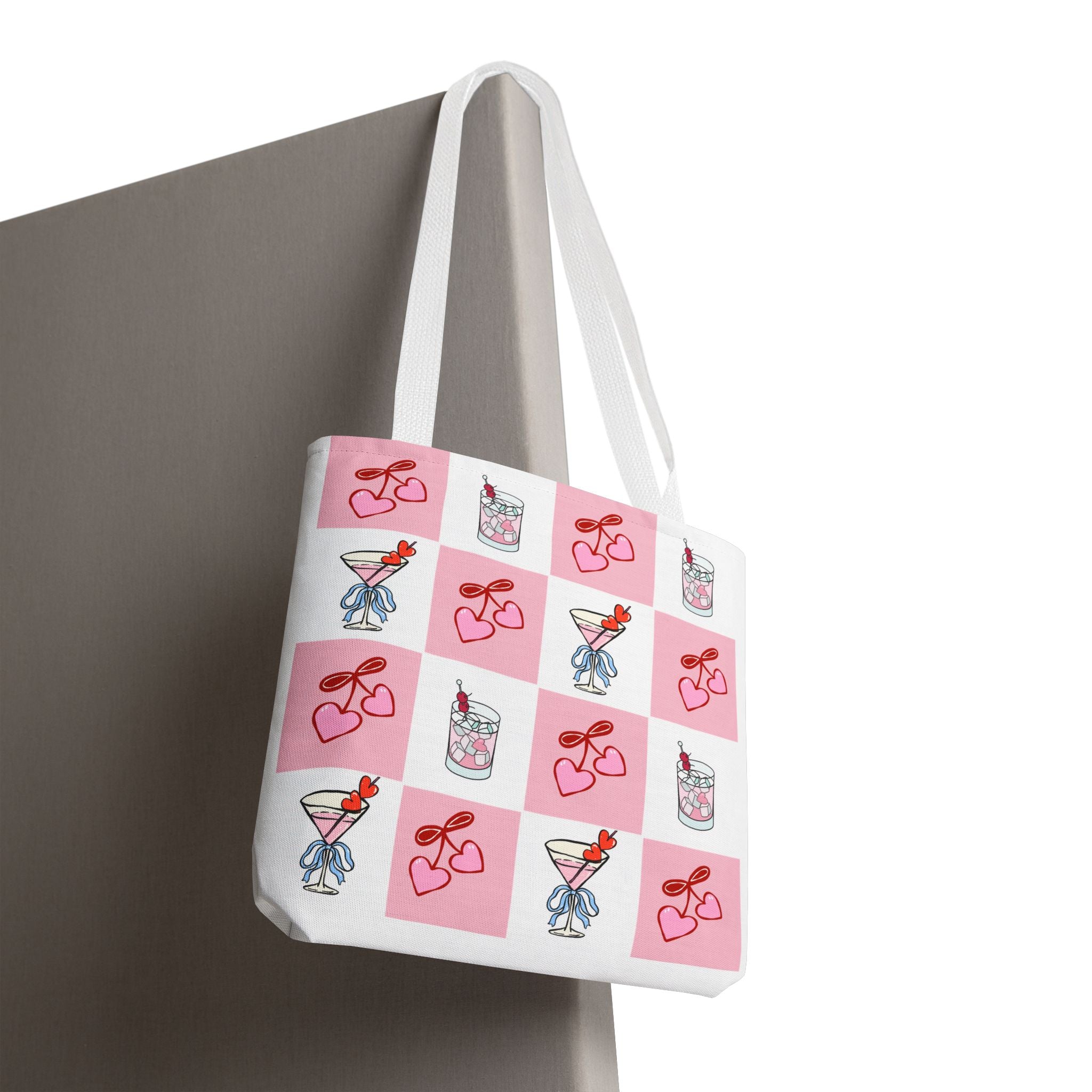 Valentine Cocktail Tote Bag – Pink Heart & Cherry Martinis AOP Tote