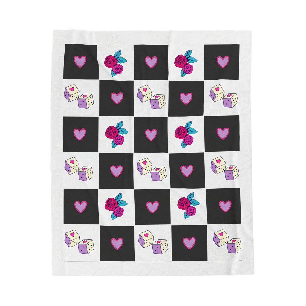 Velveteen Plush Blanket Femme Punk Checkerboard Love Hearts, Roses & Dice Cozy Throw.