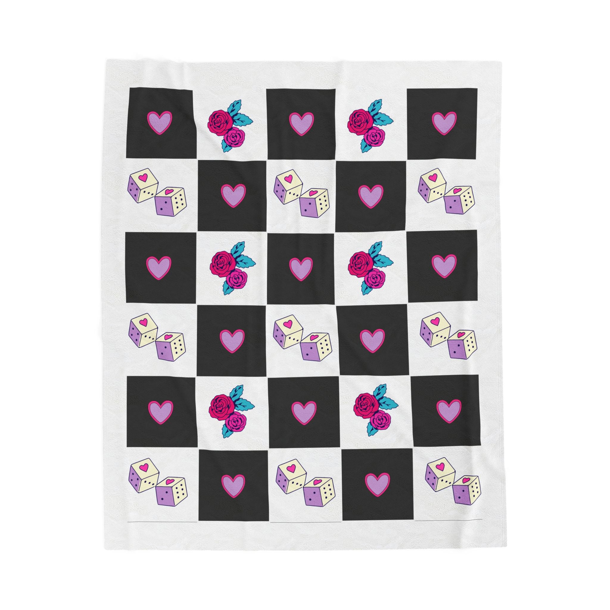 Velveteen Plush Blanket Femme Punk Checkerboard Love Hearts, Roses & Dice Cozy Throw.