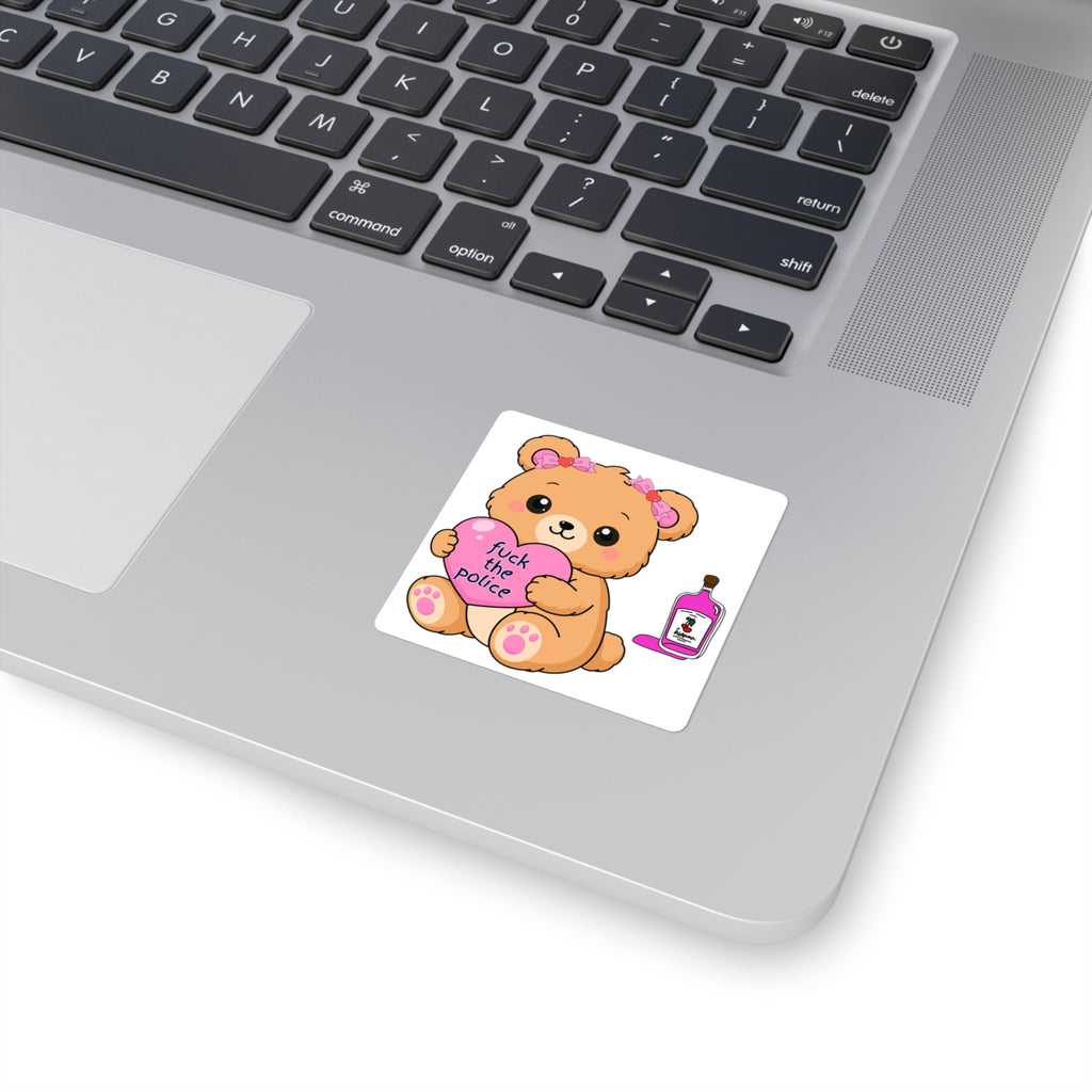 Cute Bear Holding "Fuck the Police" Heart Square Sticker.
