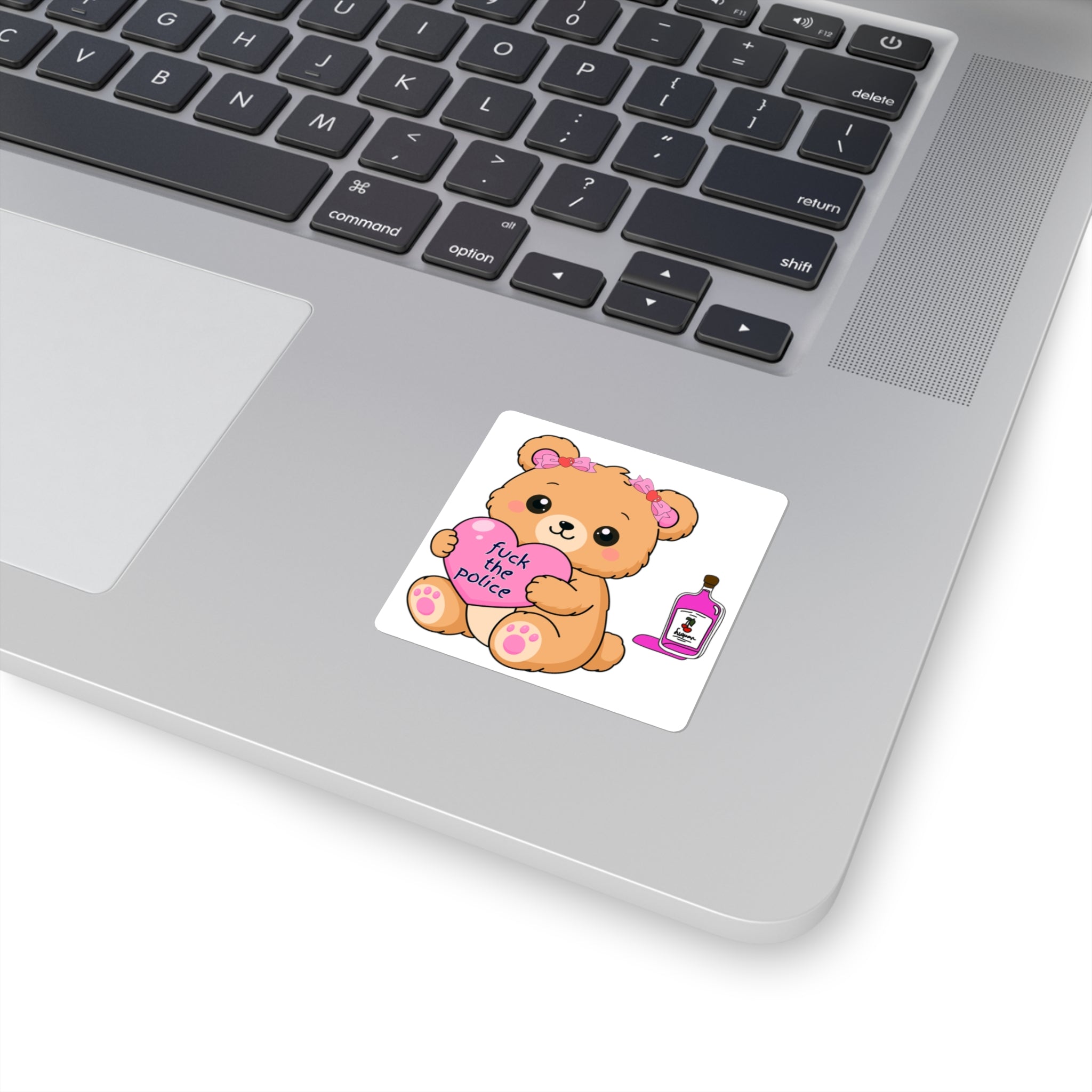 Cute Bear Holding "Fuck the Police" Heart Square Sticker.