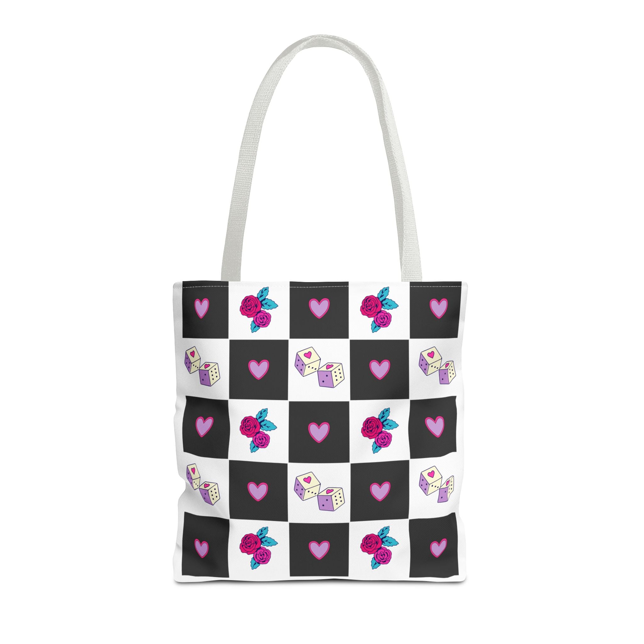 Femme Punk Checkerboard Love Tote Bag — Hearts, Roses & Enamel Pin Pattern