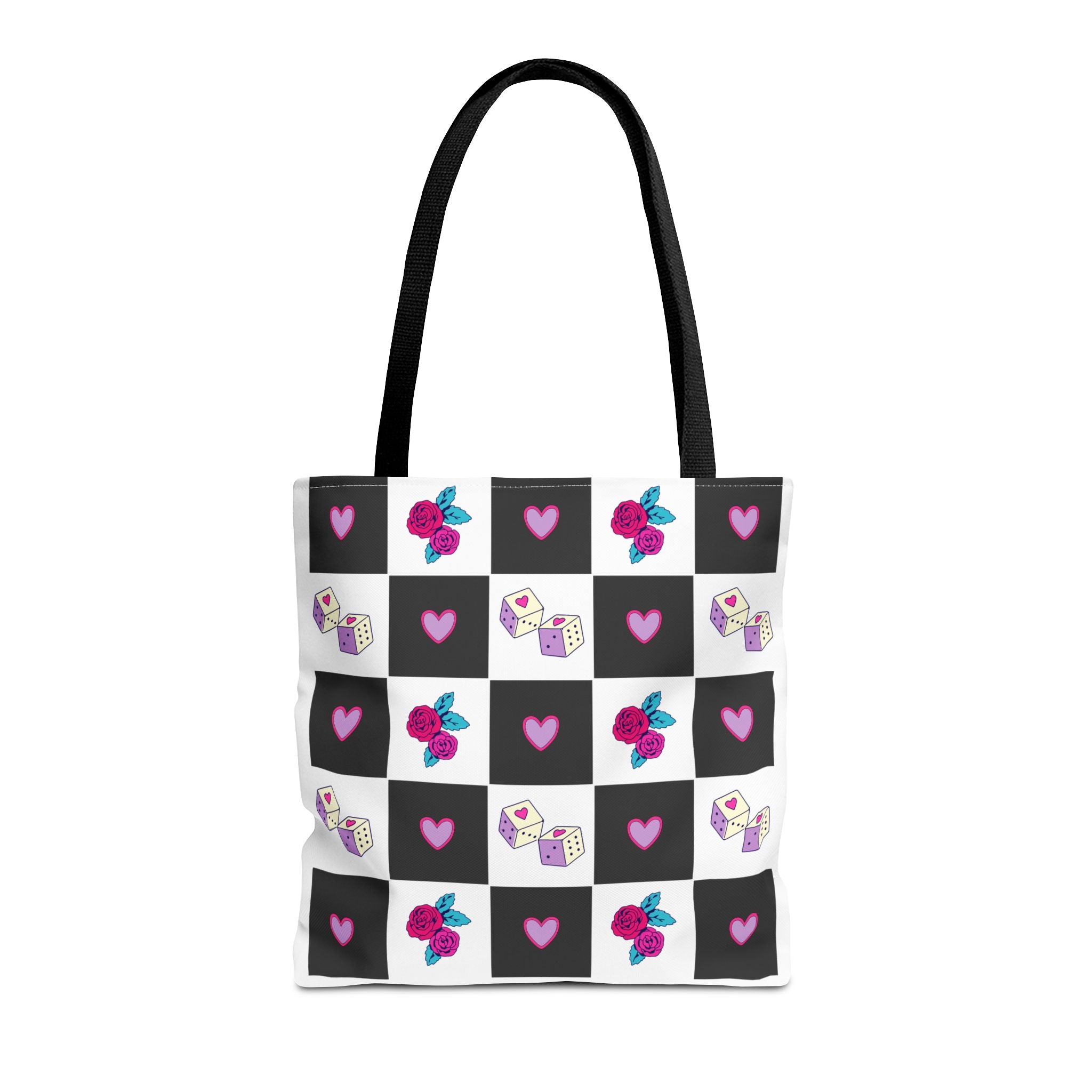 Femme Punk Checkerboard Love Tote Bag — Hearts, Roses & Enamel Pin Pattern