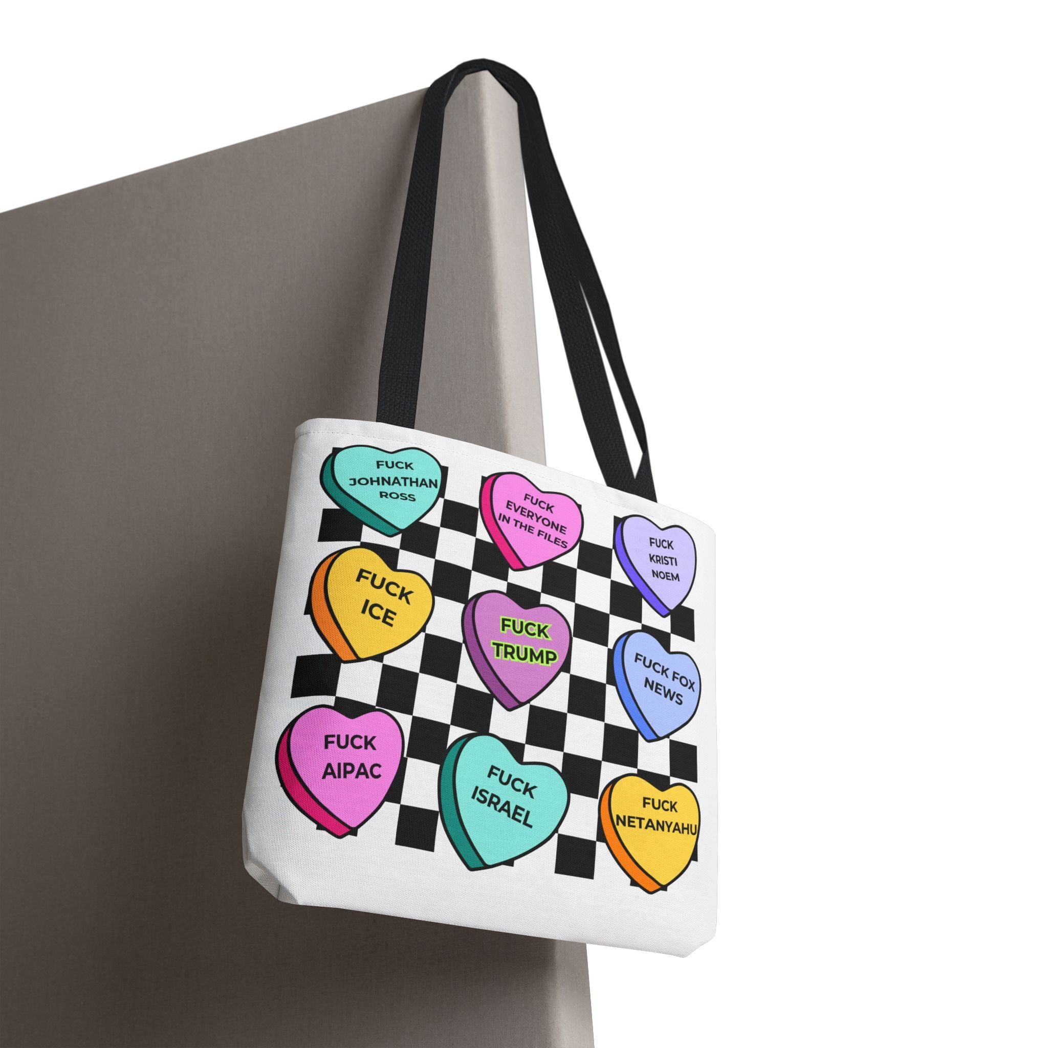 Political Statement Tote Bag  Checkerboard Candy Hearts with Adult Slogans