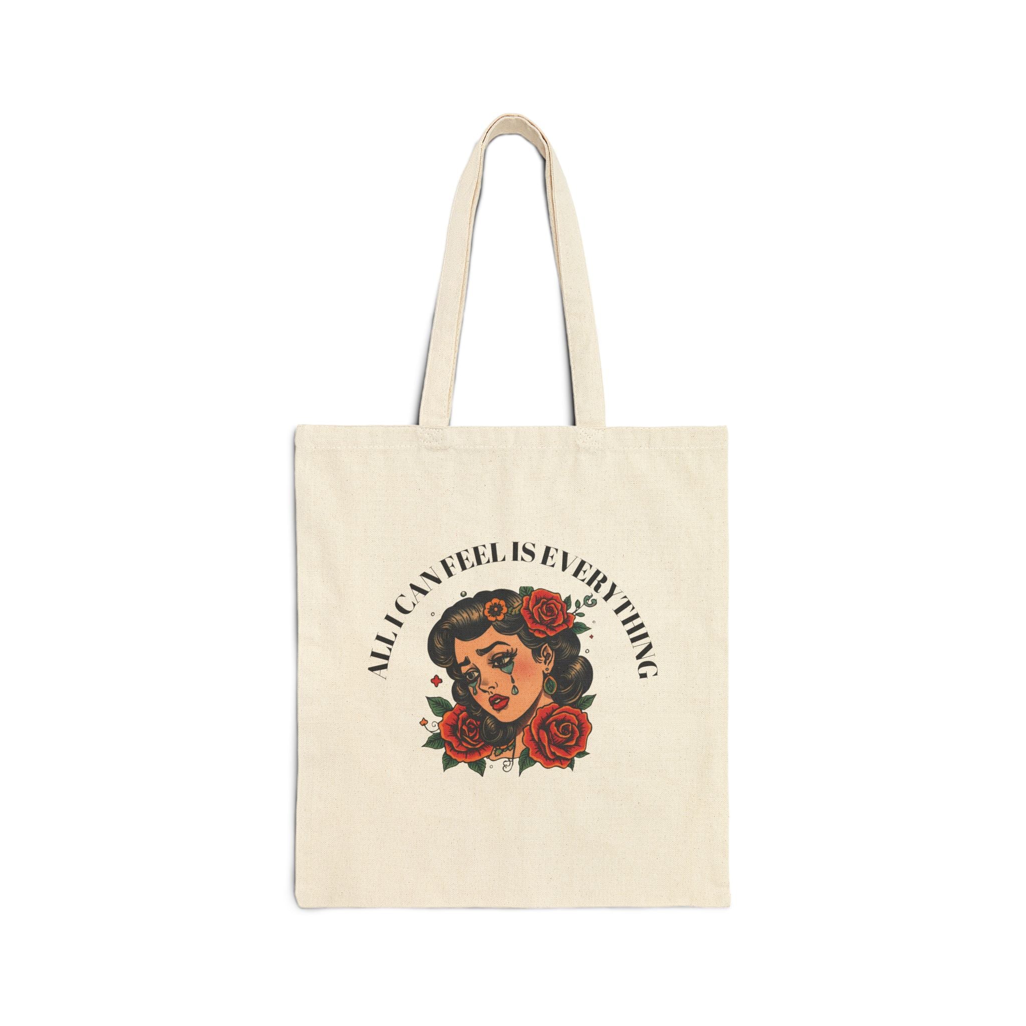 Vintage Tattoo "All I Can Feel Is Everything" Floral Design Cotton Tote Bag