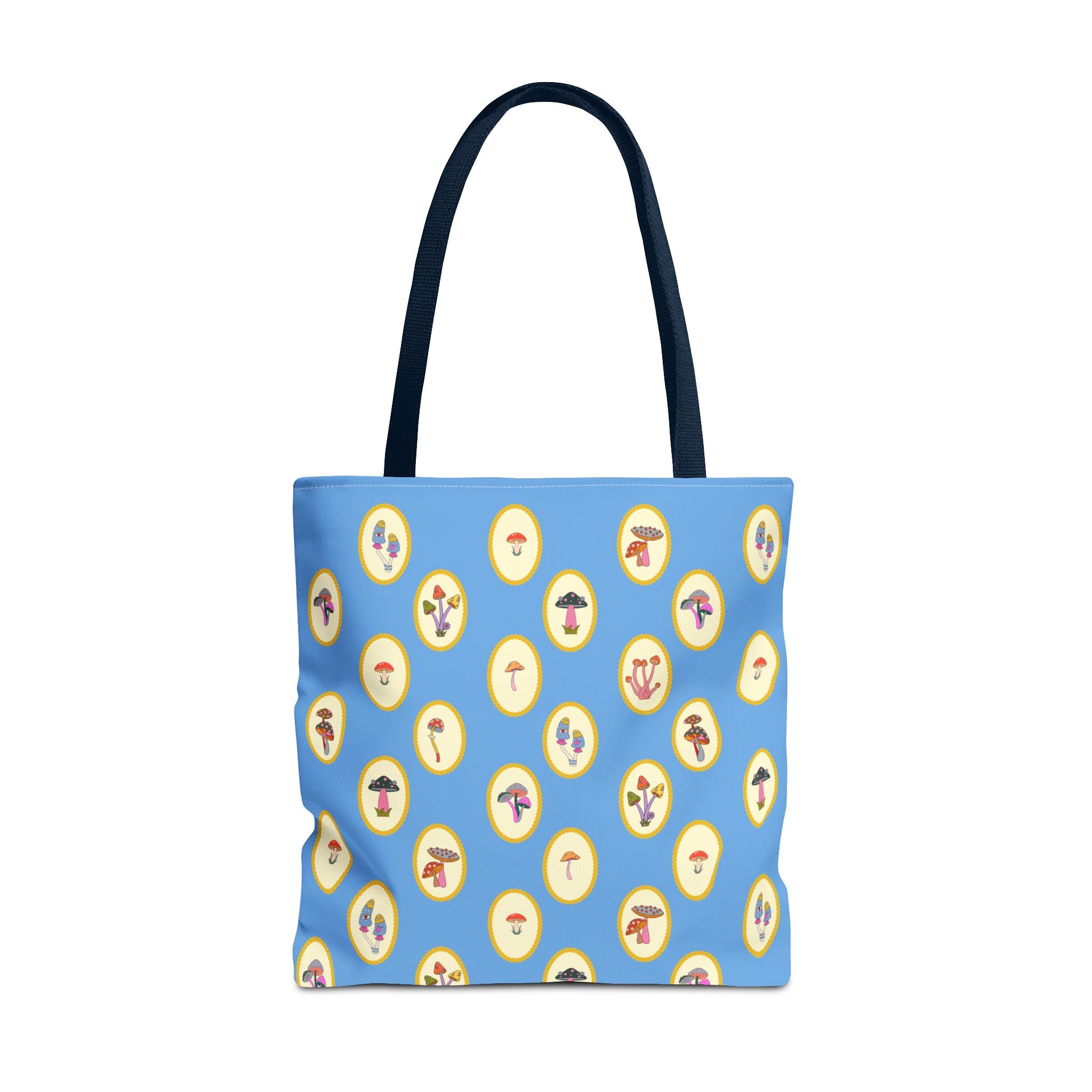 Princess Amanita Mushroom Scrapbook Vintage Style Tote Bag — Cute Blue AOP Mushroom Pattern Tote