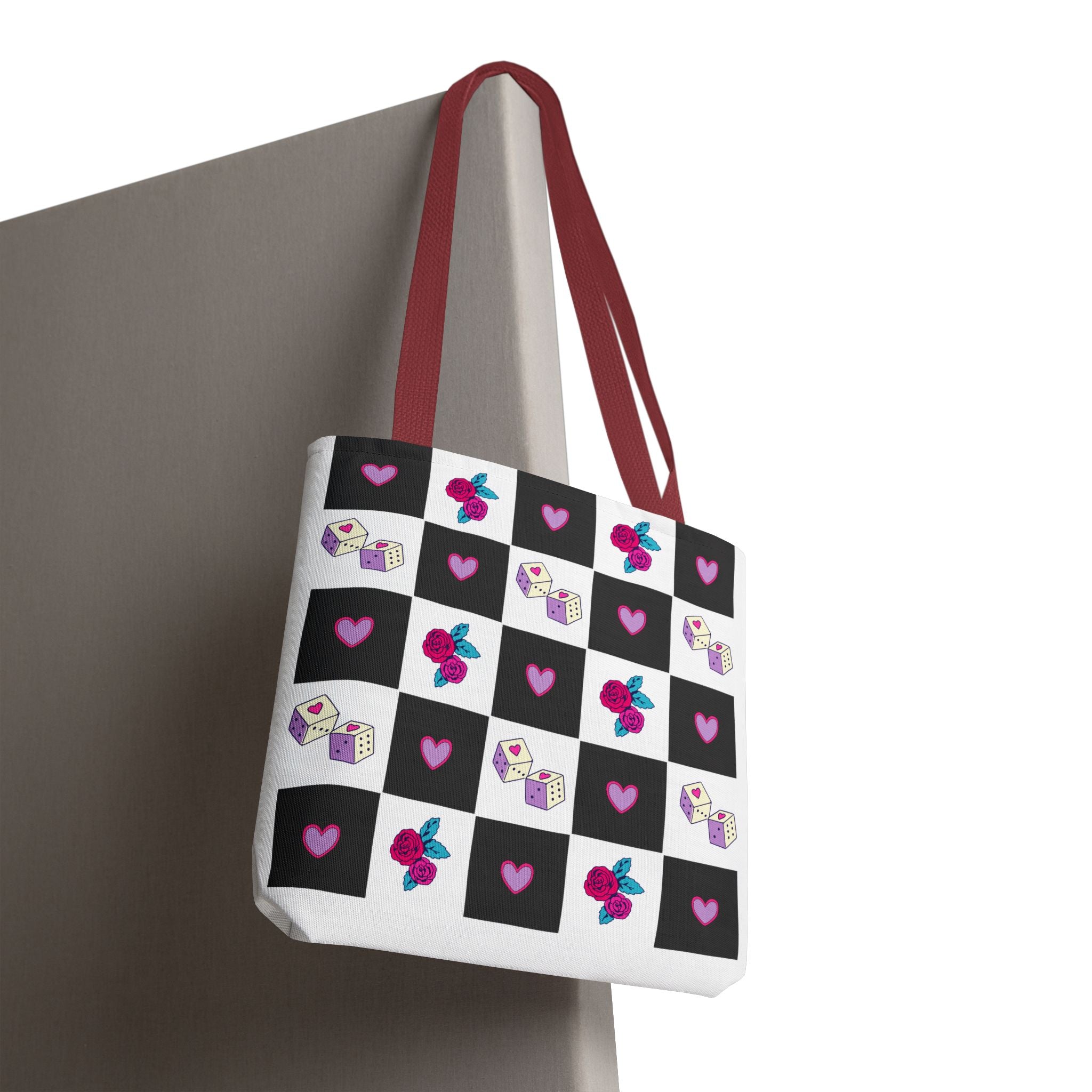 Femme Punk Checkerboard Love Tote Bag — Hearts, Roses & Enamel Pin Pattern