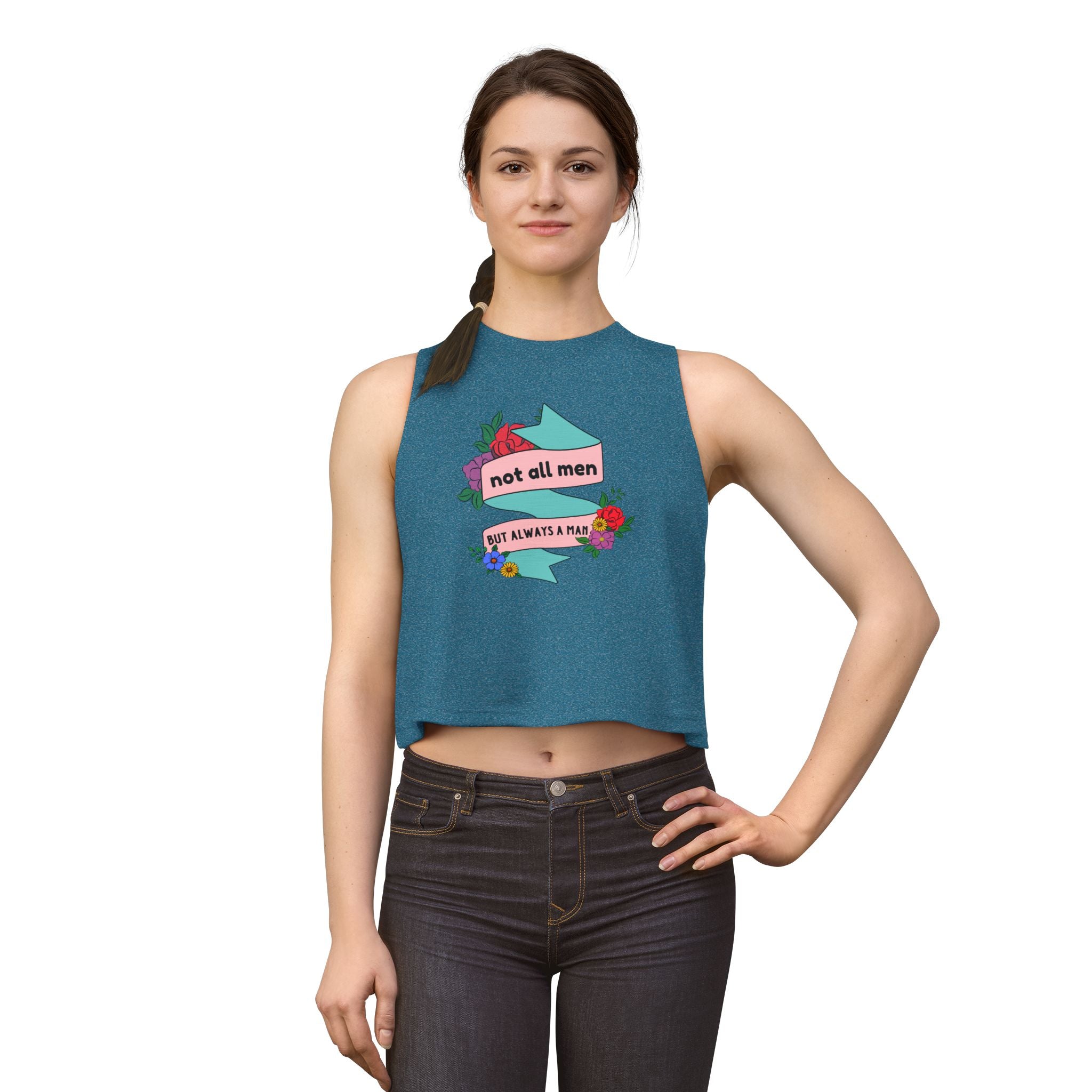 'Not All Men' Feminist Floral Tattoo Banner Crop Top Tee