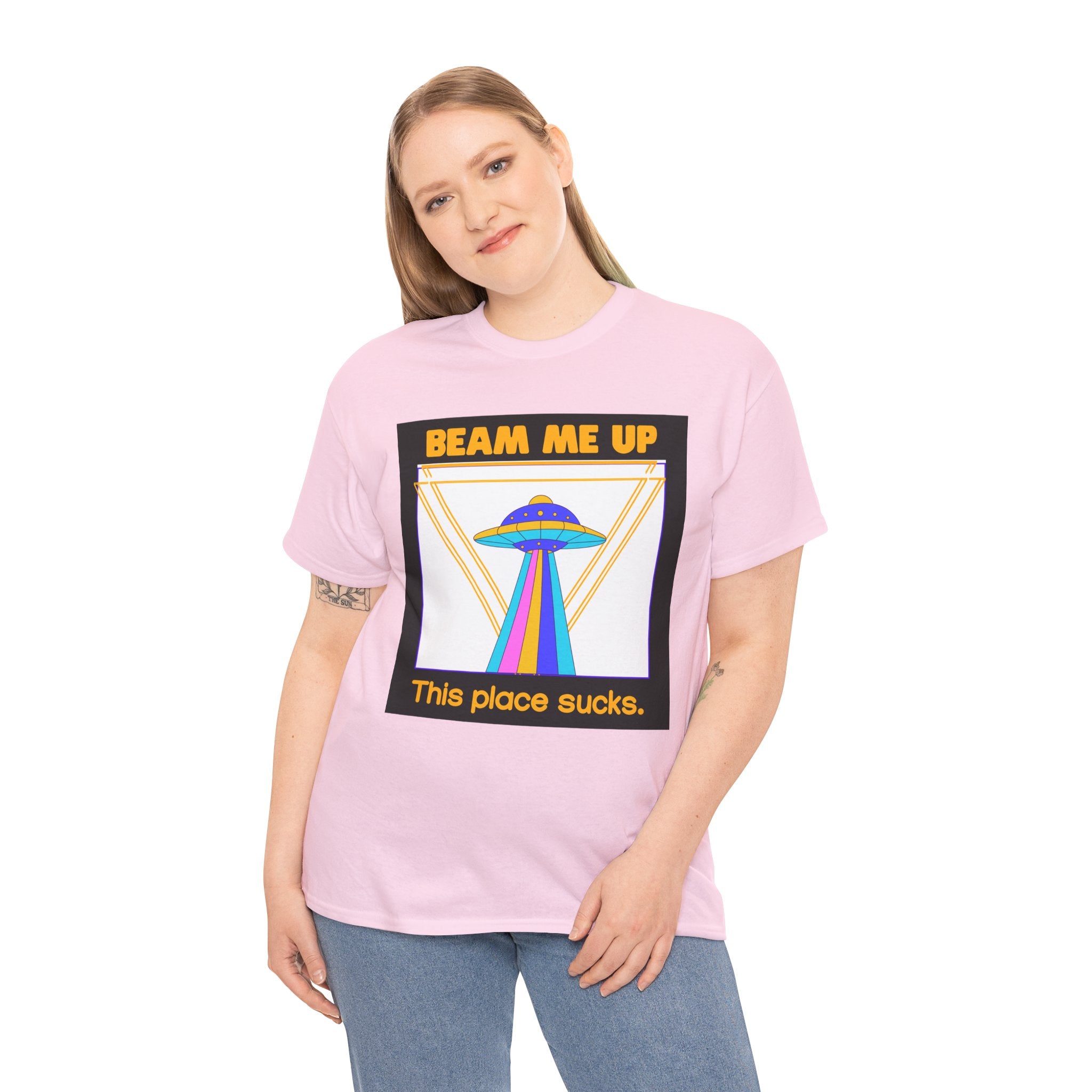 Beam Me Up Funny UFO T-Shirt — Colorful Alien Sarcasm Tee