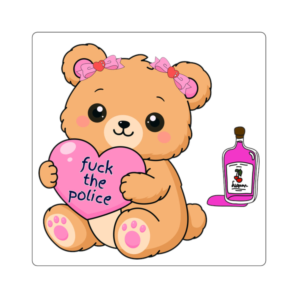 Cute Bear Holding "Fuck the Police" Heart Square Sticker.