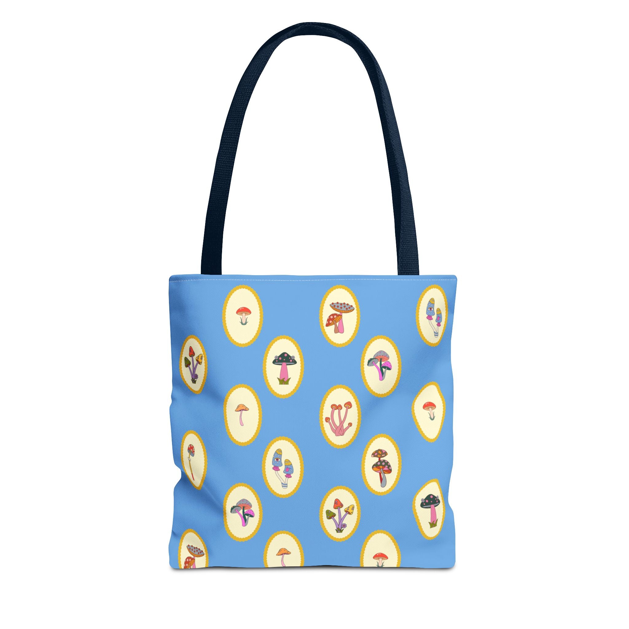 Princess Amanita Mushroom Scrapbook Vintage Style Tote Bag — Cute Blue AOP Mushroom Pattern Tote