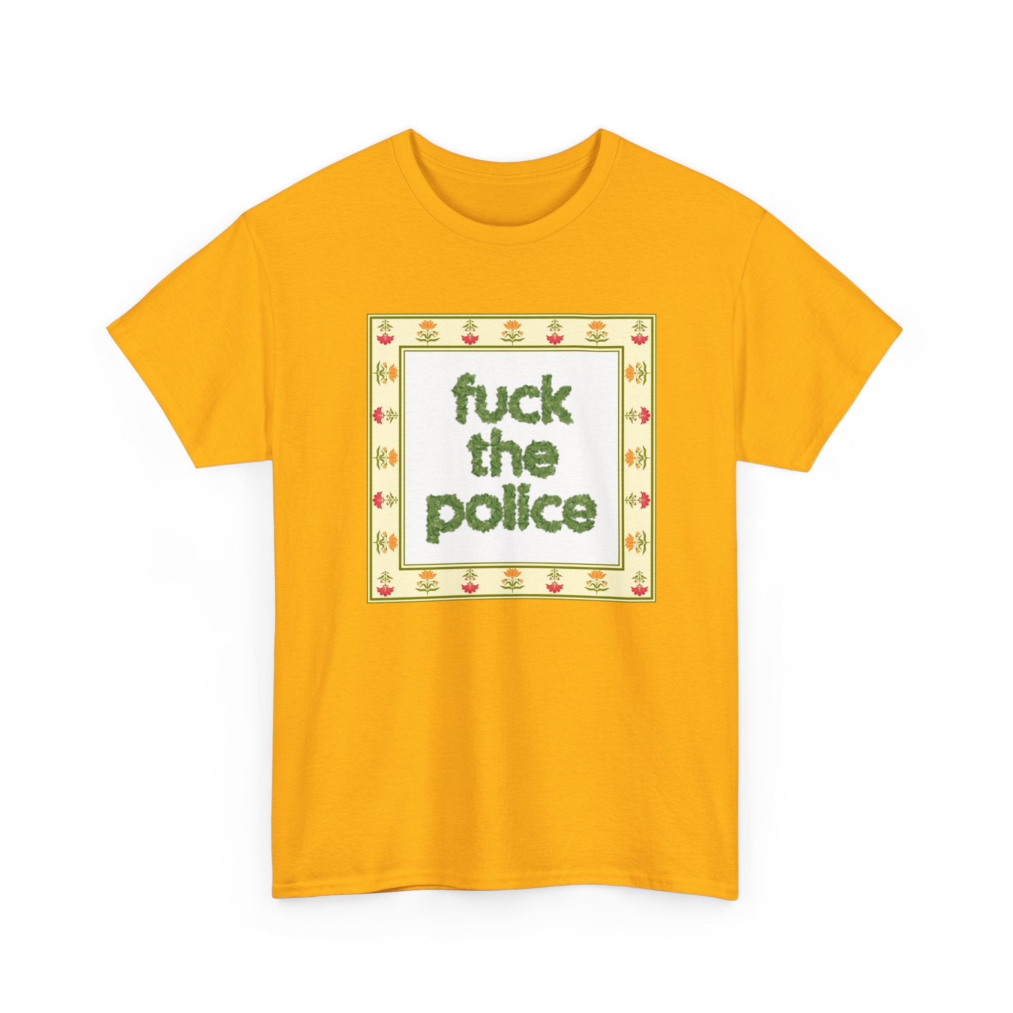 Fuck the Police Provocative Statement Tee —  Floral Cross-Stitch Style T-Shirt