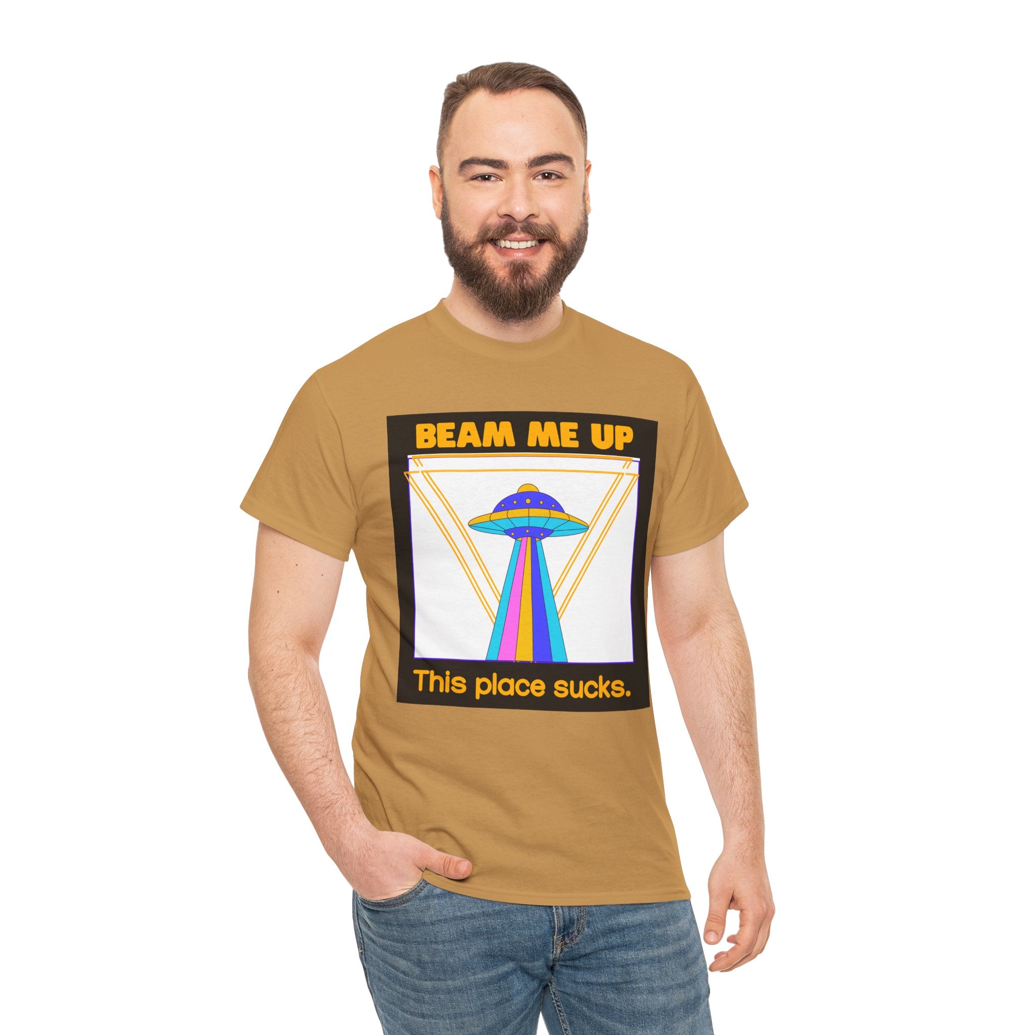Beam Me Up Funny UFO T-Shirt — Colorful Alien Sarcasm Tee