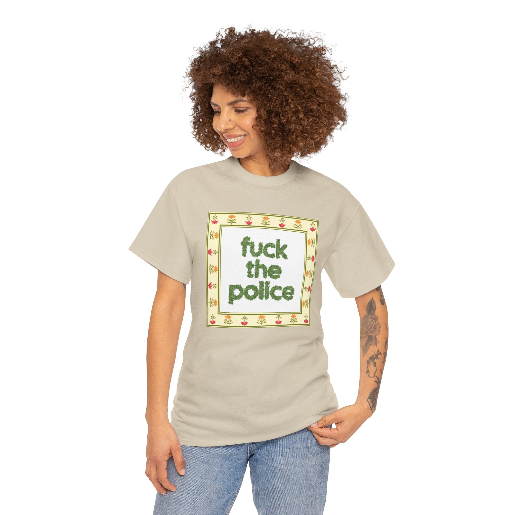 Fuck the Police Provocative Statement Tee —  Floral Cross-Stitch Style T-Shirt