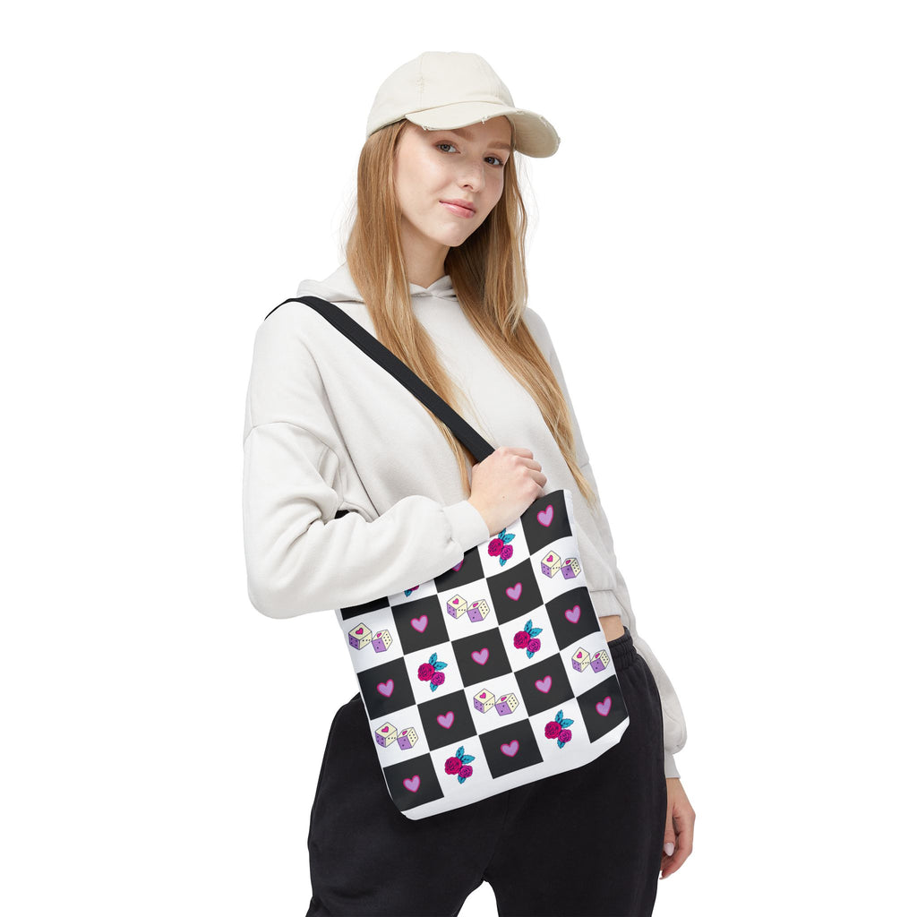 Femme Punk Checkerboard Love Tote Bag — Hearts, Roses & Enamel Pin Pattern