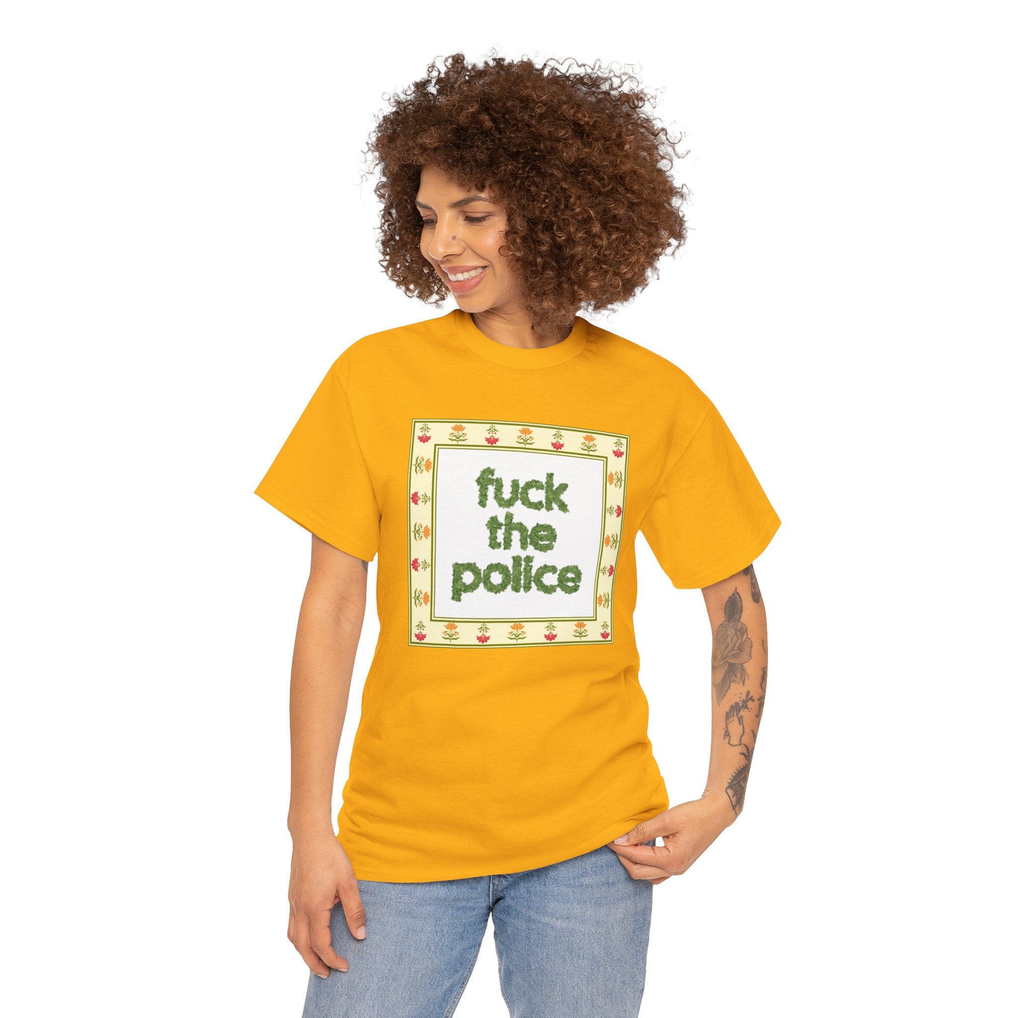 Fuck the Police Provocative Statement Tee —  Floral Cross-Stitch Style T-Shirt